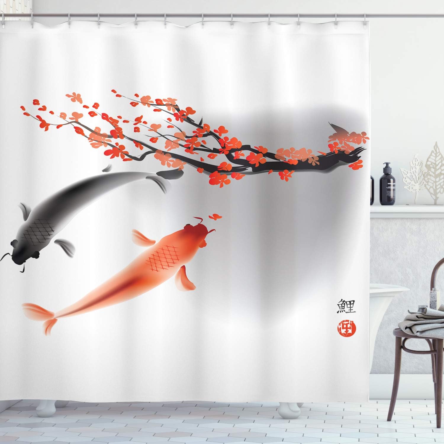 Sakura Branch Koi Fish Shower Curtain, Cherry Blossom Couple Swimming Print For Bathroom Decor, Orange And Grey Cloth Fabric