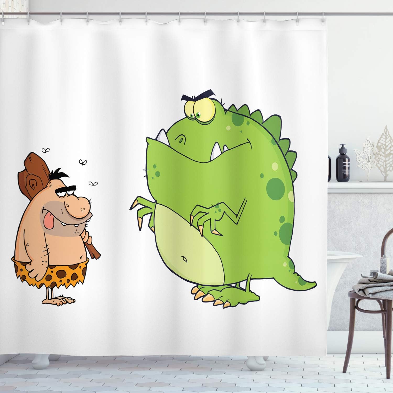 Caveman And Dinosaur Shower Curtain, Comic Style Illustrations Cloth Fabric Bathroom Decor, Home Decor