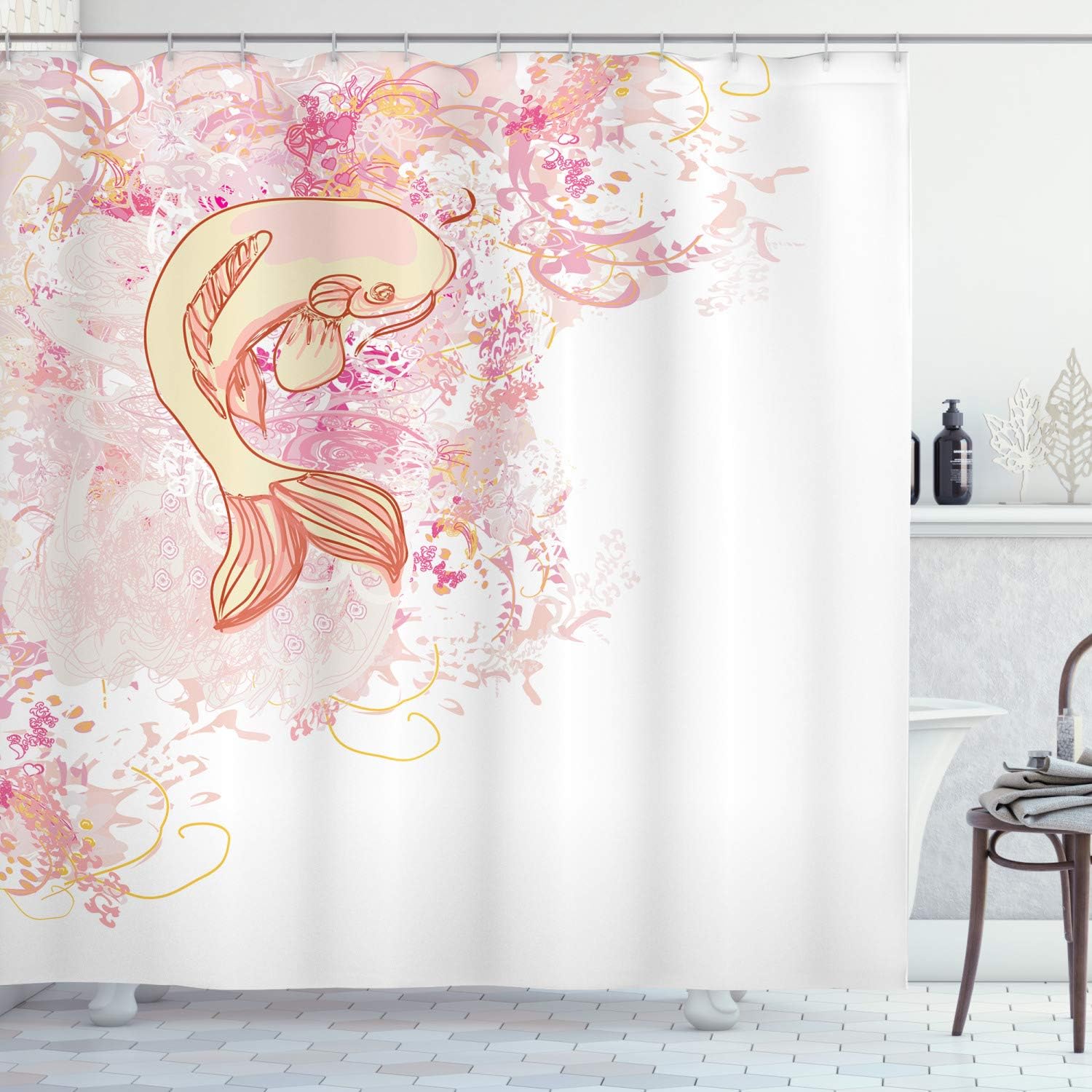 Classic Reflexive Koi Fish Shower Curtain, Splashed Setting Love Themed Exotic Print For Bathroom Decor, Pink And Yellow Cloth Fabric