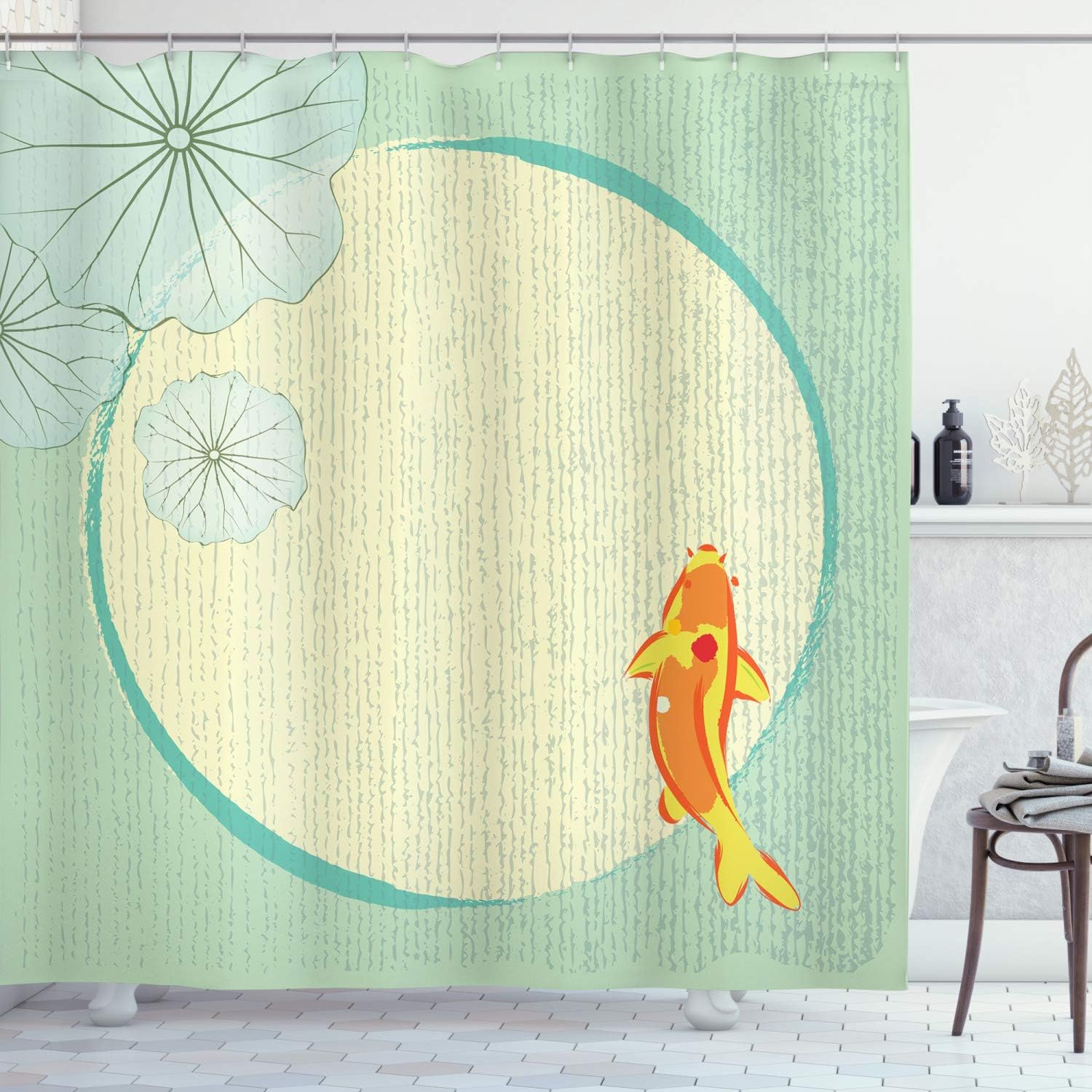 Cartoon Chinese Koi Fish Shower Curtain, Oriental Floral Eastern Print Cloth Fabric Bathroom Decor, Home Decor Multicolor