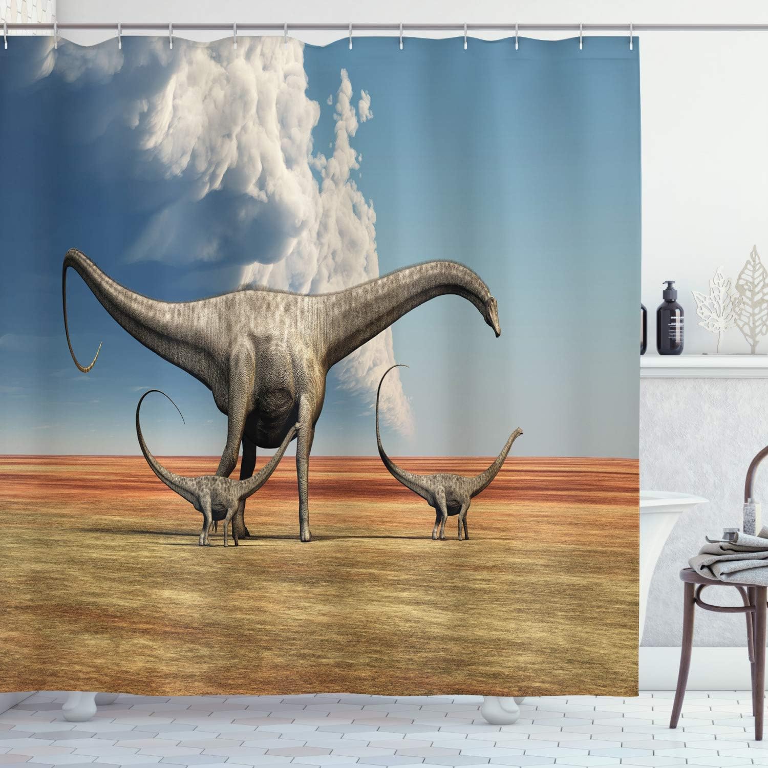 Mother Diplodocus Dinosaur Shower Curtain, Clouds Illustrations Bathroom Decor, Home Decor Blue/Grey