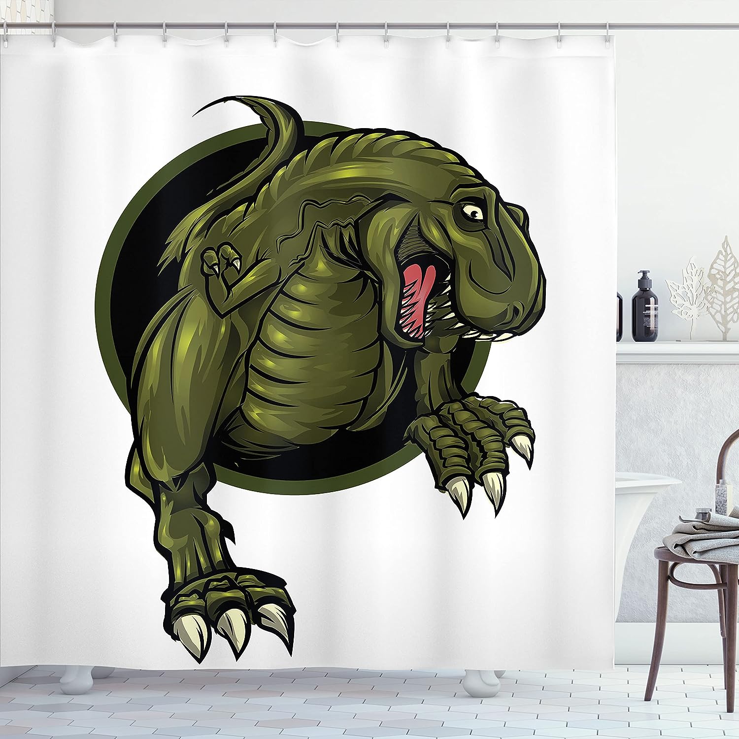 Roaring T-Rex Shower Curtain, Mascot Animal Horror Wilderness Extinct Cloth Fabric Bathroom Decor, Home Decor