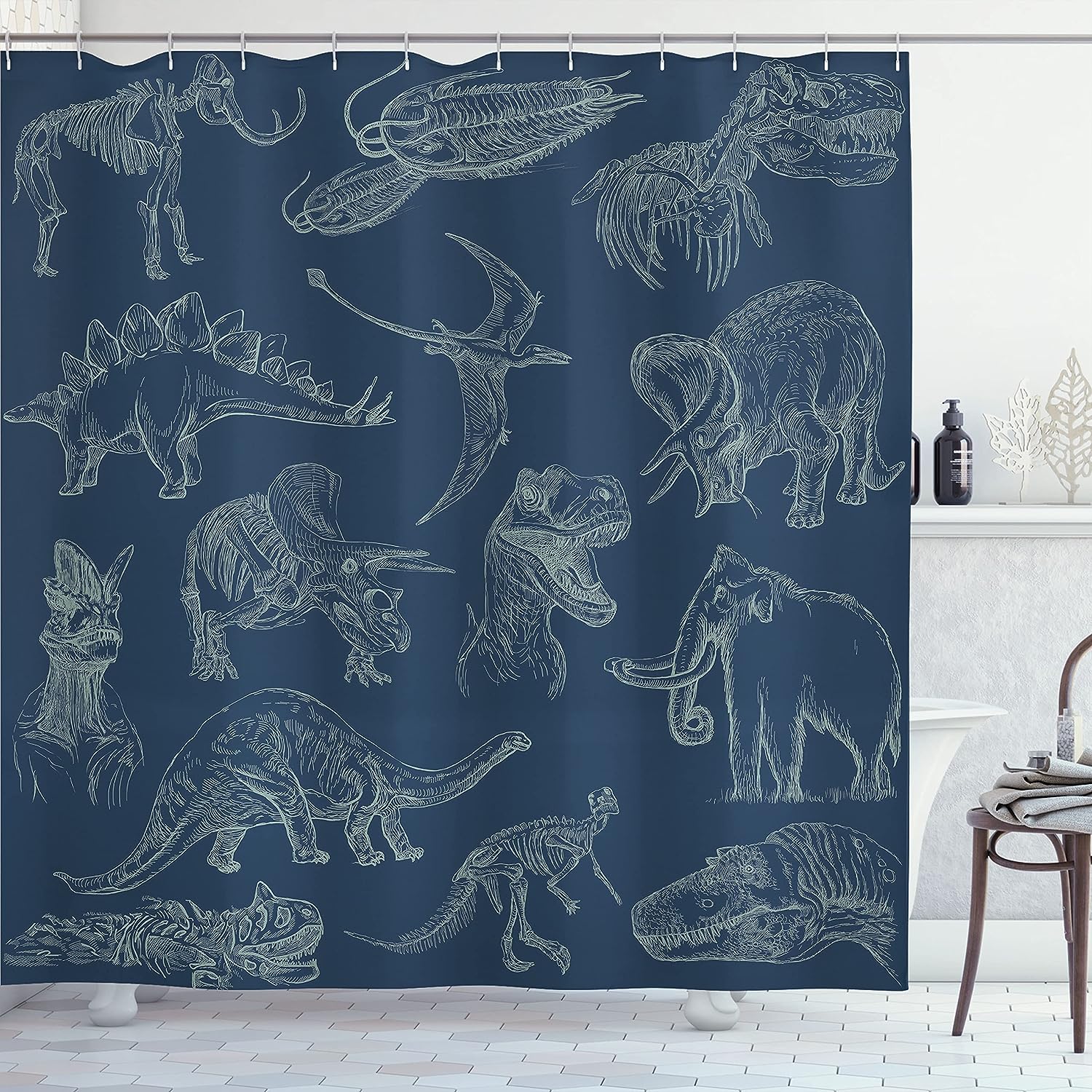 Night Blue Dinosaur Shower Curtain, Arrangement Of Various Illustrations Bathroom Decor, Home Decor