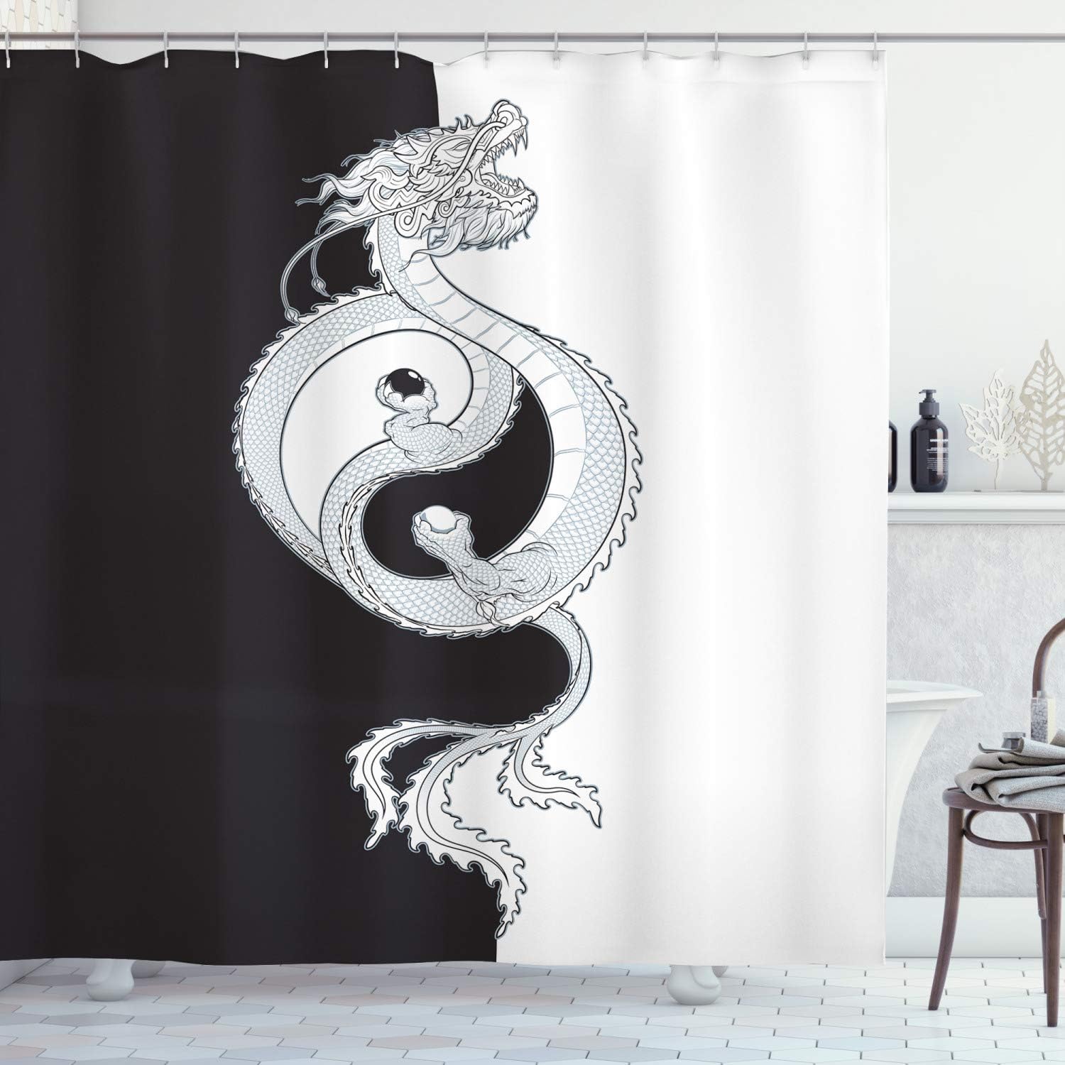 Swirling Dragon Shower Curtain, Oriental Themed Yin Yang Cloth Fabric Bathroom Decor, Home Decor Grey/White