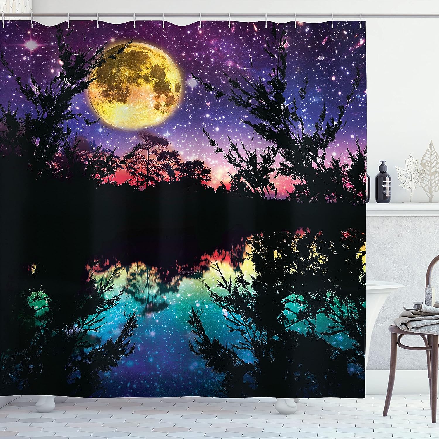 Night Sky Trees Shower Curtain, Contemporary Art Modern Design Bathroom Decor, Home Decor Purple/Pink