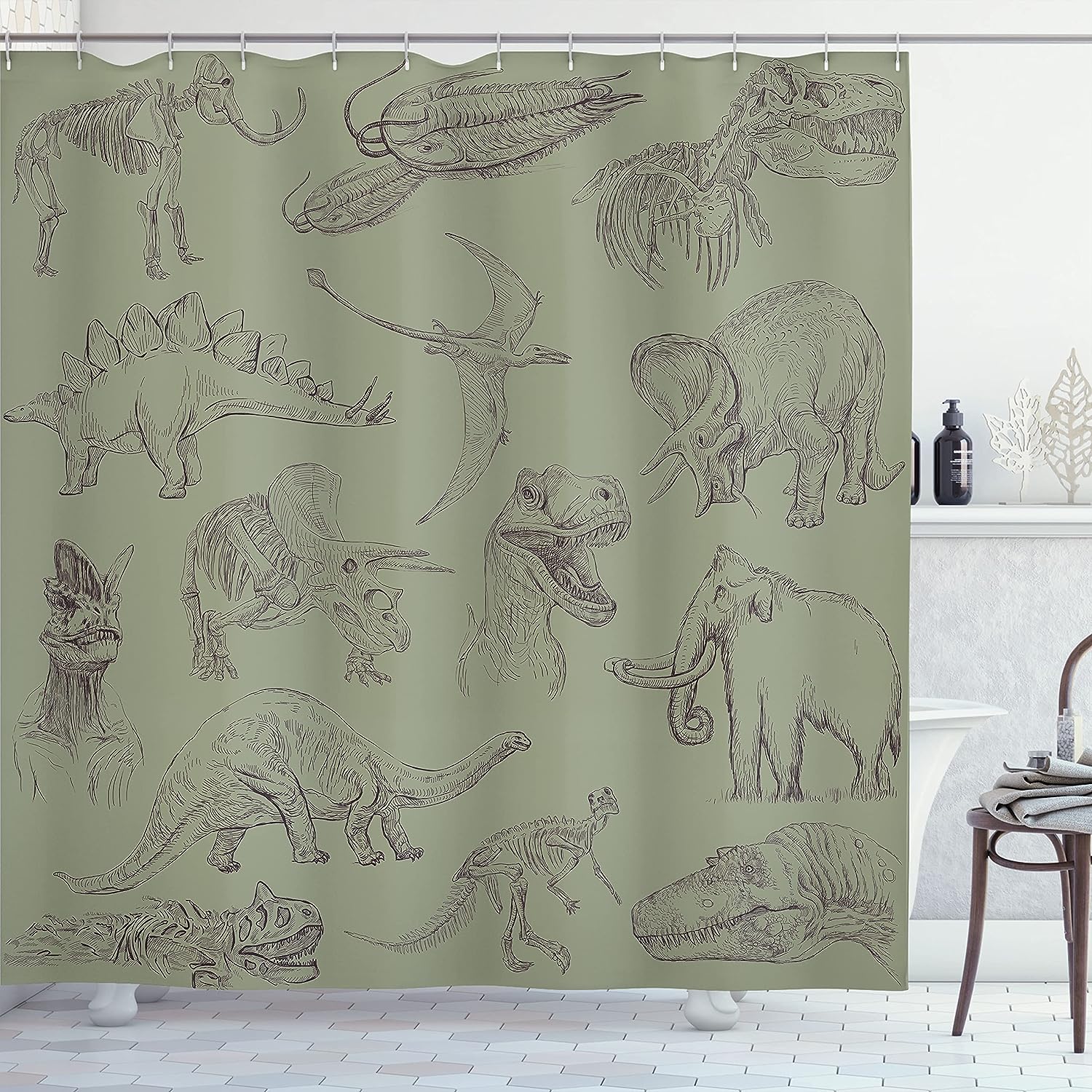 Slate Brown Dinosaur Shower Curtain, Arrangement Of Various Illustrations Bathroom Decor, Home Decor