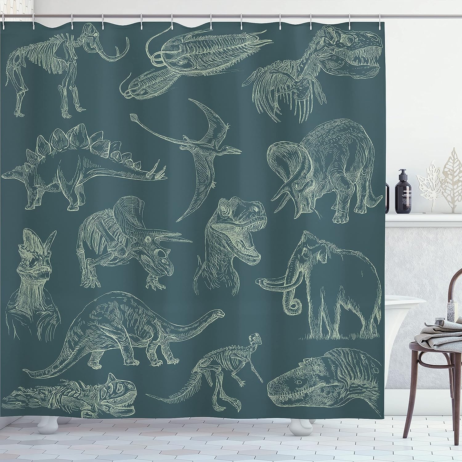 Dark Teal Dinosaur Shower Curtain, Various Illustrations Skeleton Biology Cloth Fabric Bathroom Decor, Home Decor