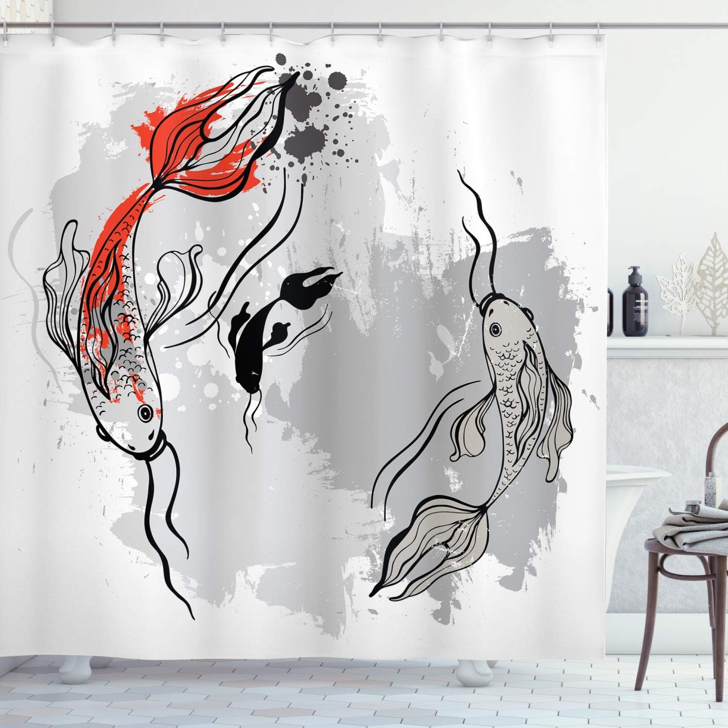 Japanese Koi Fish Shower Curtain, Aesthetic Digital Marine Underwater Print For Bathroom Decor, Orange And Grey Cloth Fabric