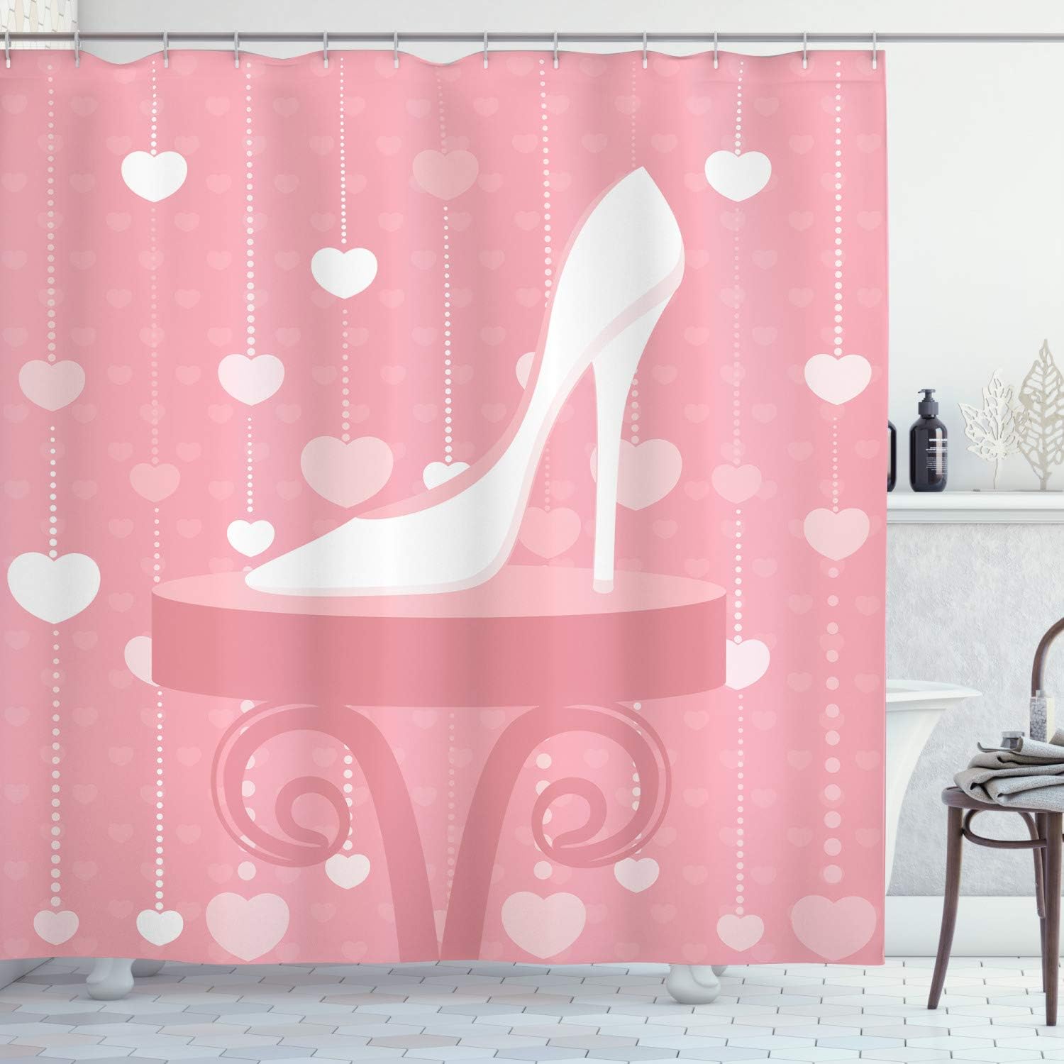 High Heels Shower Curtain, Feminine Classy Foot Wear And Hearts Illustration For Bathroom Decor