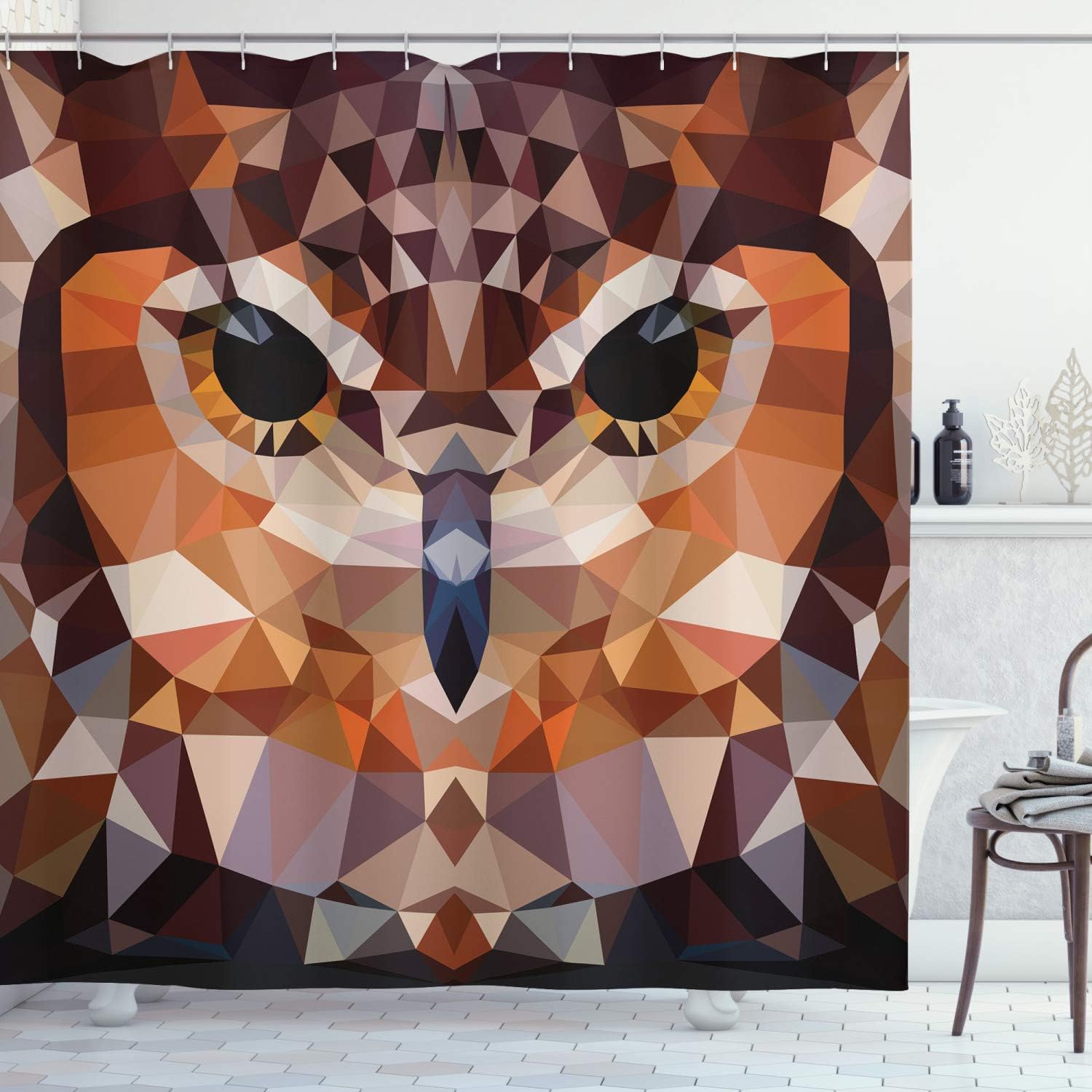 Retro Style Geometric Owl Head Shower Curtain With Funk Boho Design For Bathroom Decor