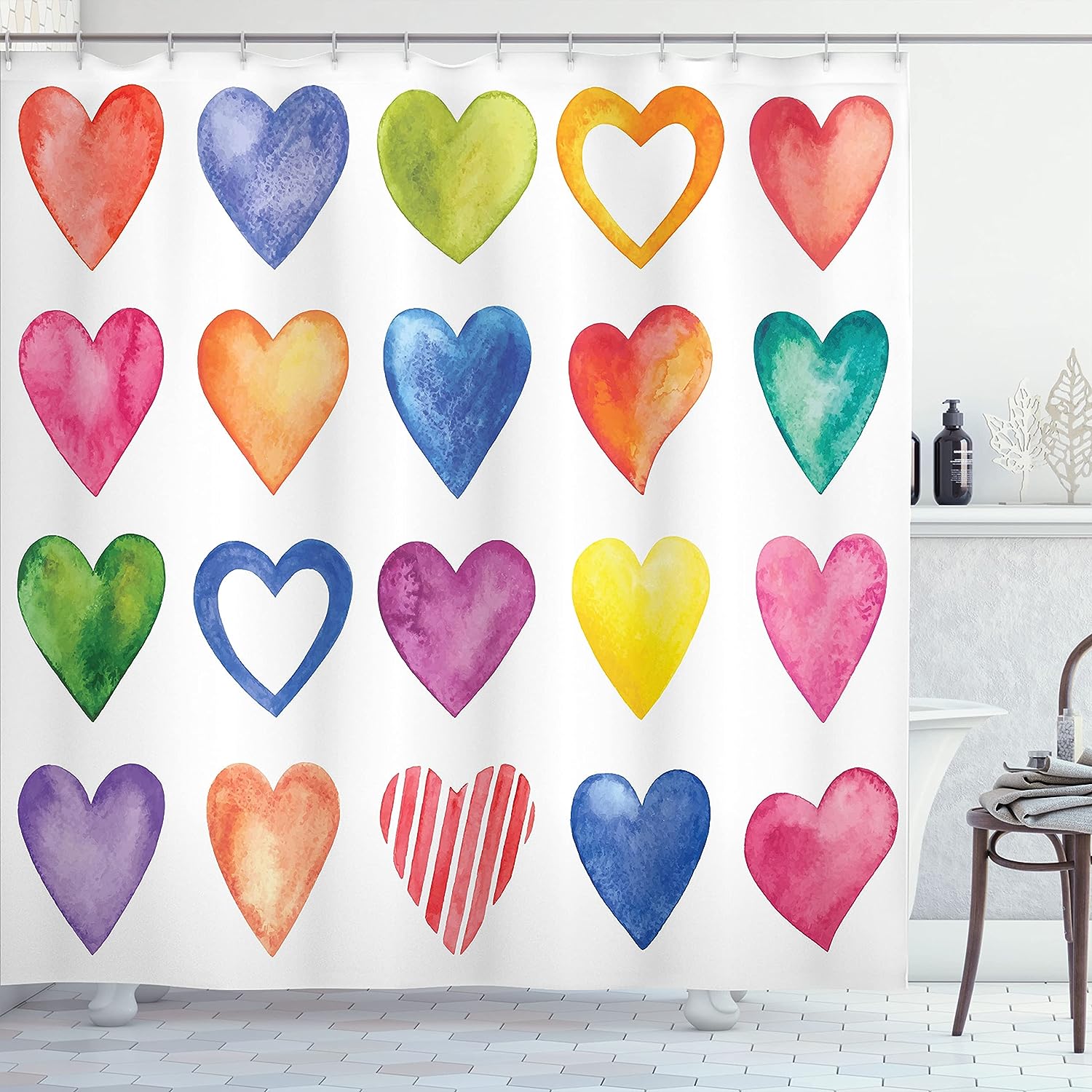 Rainbow Heart Shapes Shower Curtain, Colorful Valentines Day Print For Bathroom Decor, Grunge Red Blue And Yellow Cloth Fabric