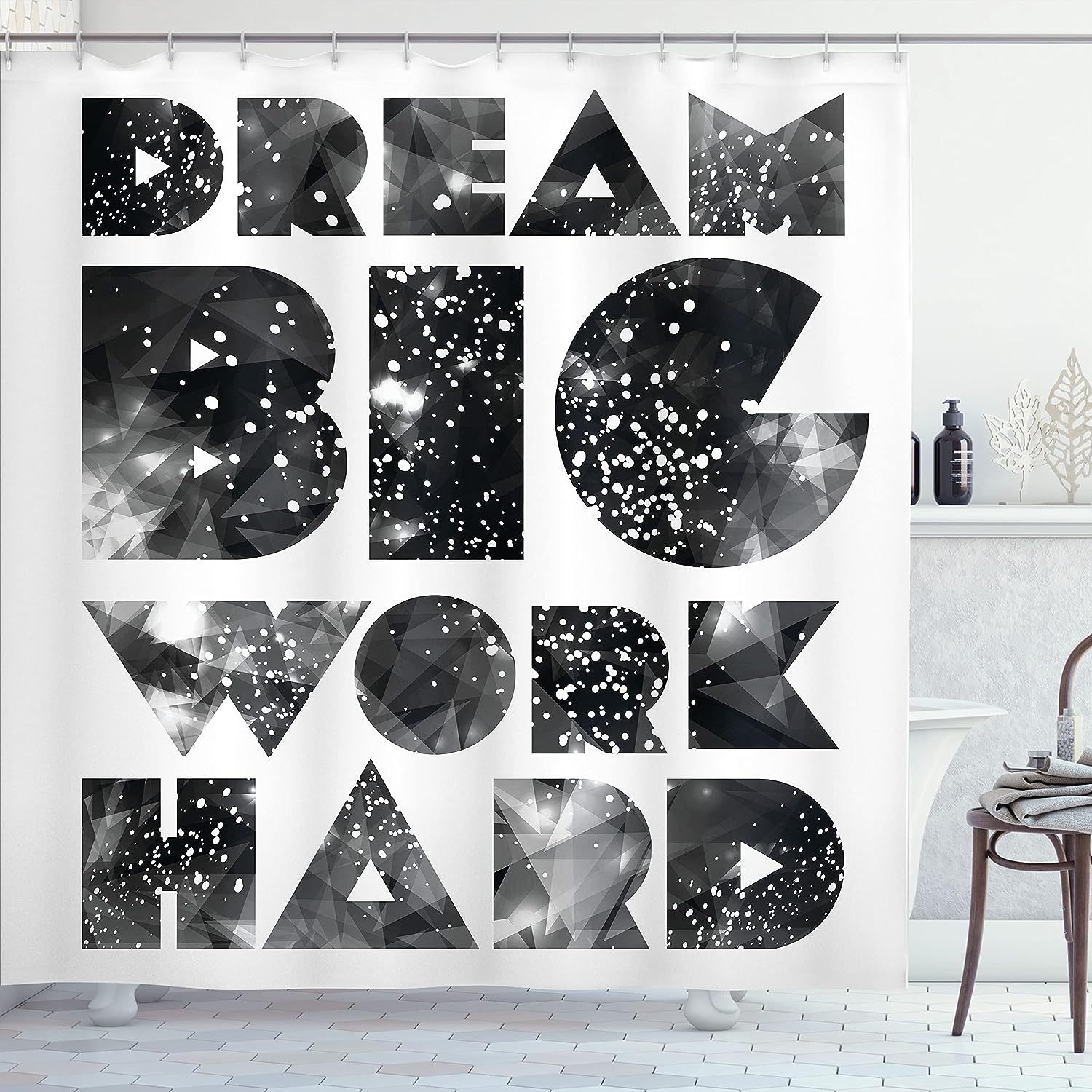 Galaxy Outer Space Shower Curtain, Dream Big Typography Design For Bathroom Decor, Black Grey And White Cloth Fabric
