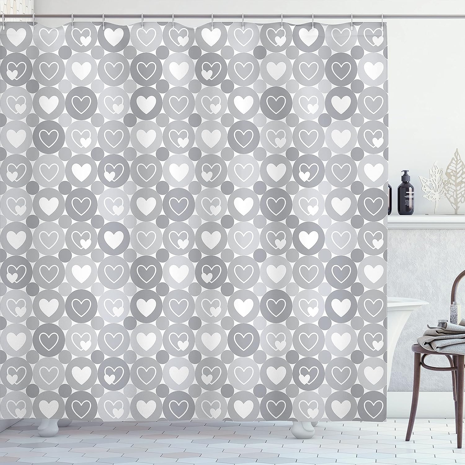 Geometrical Hearts Shower Curtain, Romantic Valentines Day Pattern For Bathroom Decor, Grey Cloth Fabric