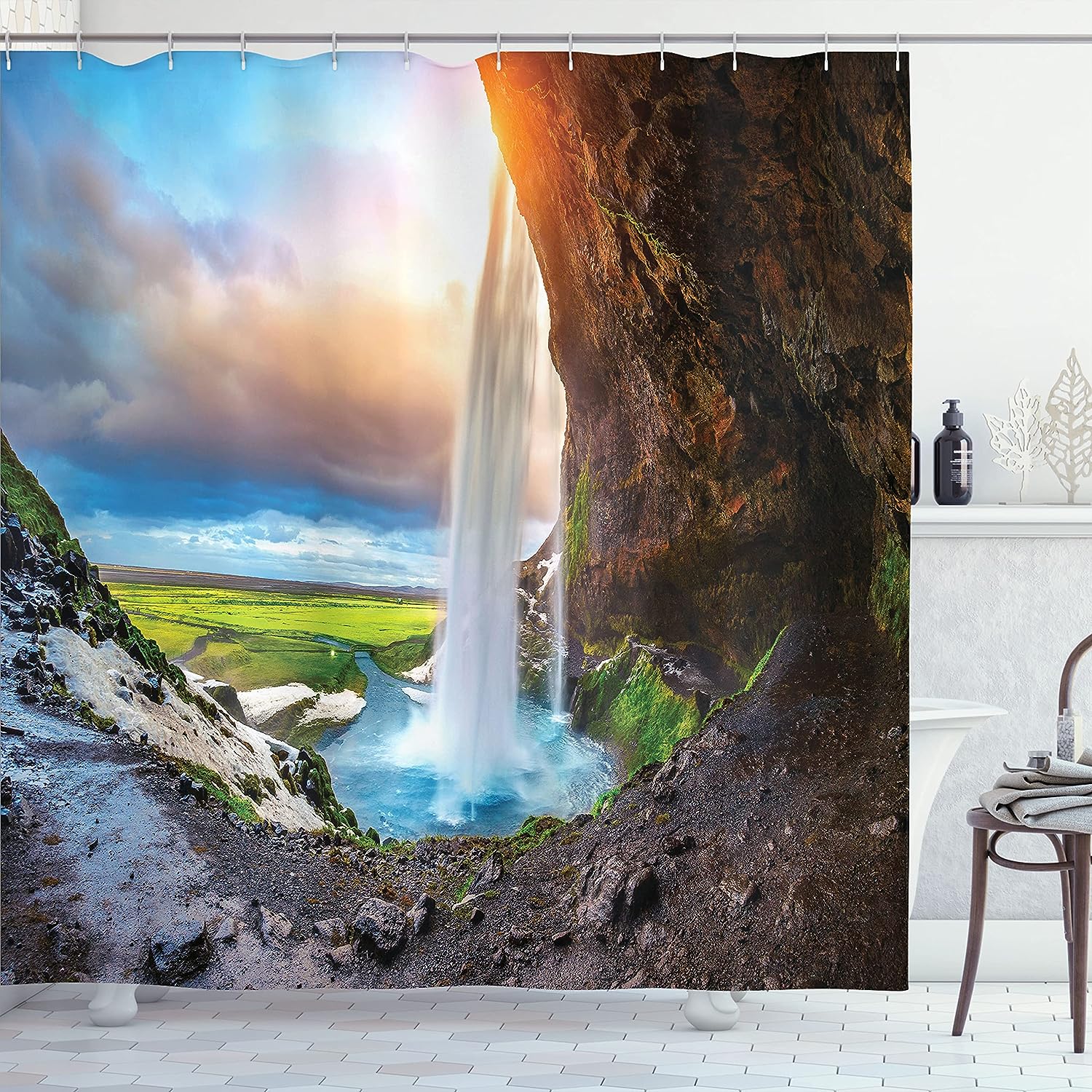 Seljalandsfoss Waterfall Shower Curtain, Scenery Sunset Cloudscape Print For Bathroom Decor, Blue Orange And Green Cloth Fabric