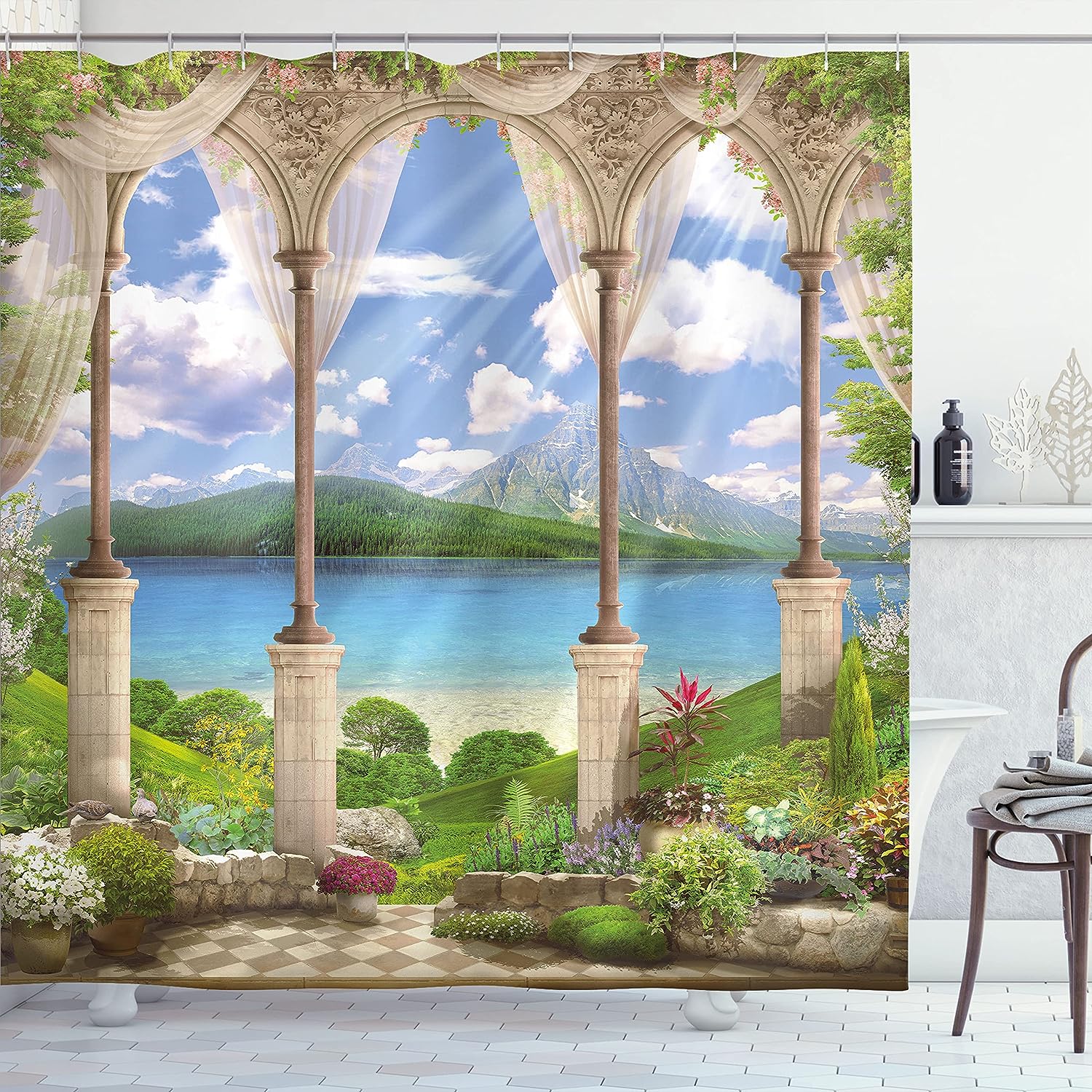 Old Stone Arch Shower Curtain, Sea Balcony Garden Plants Art Print For Bathroom Decor, Green Cloth Fabric
