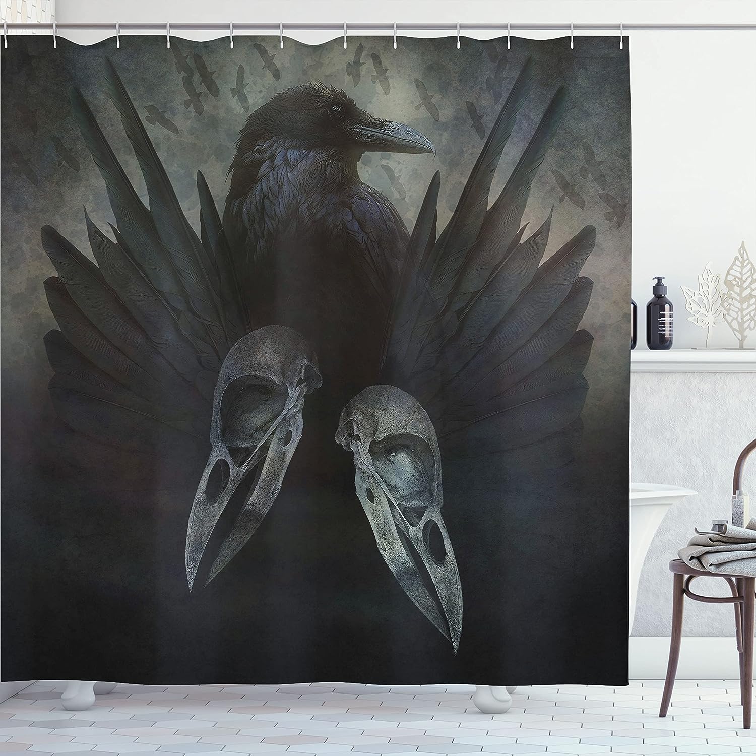 Mystic Crow Spirit Wing Print Shower Curtain, Dark Occult Art For Home Decor, Jade Green Cloth Bathroom Curtain