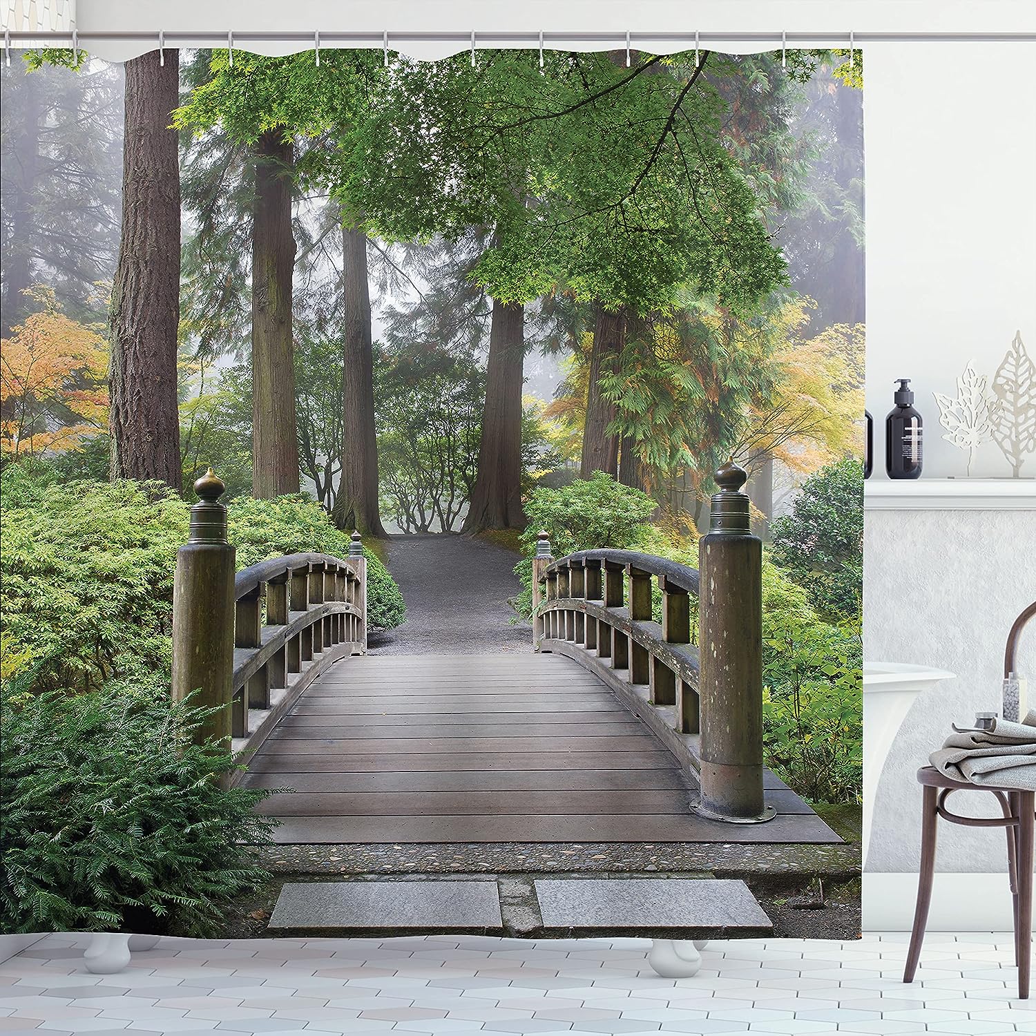 Japanese Garden Shower Curtain, Wooden Bridge And Trees In Autumn Print For Bathroom Decor, Taupe Green Cloth Fabric