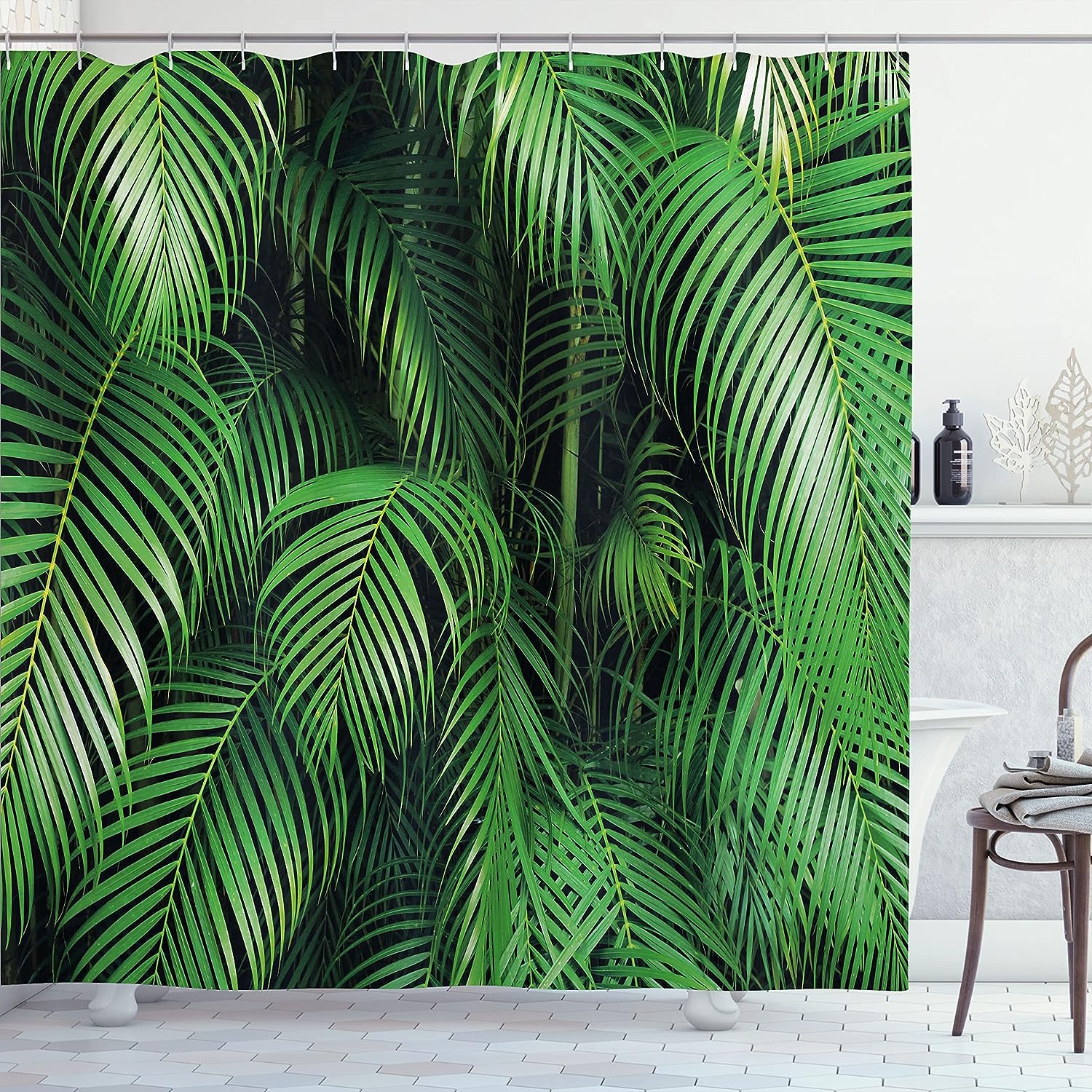 Palm Tree Leaves Shower Curtain, Exotic Botanical Jungle Theme Print For Bathroom Decor, Forest Green Cloth Fabric