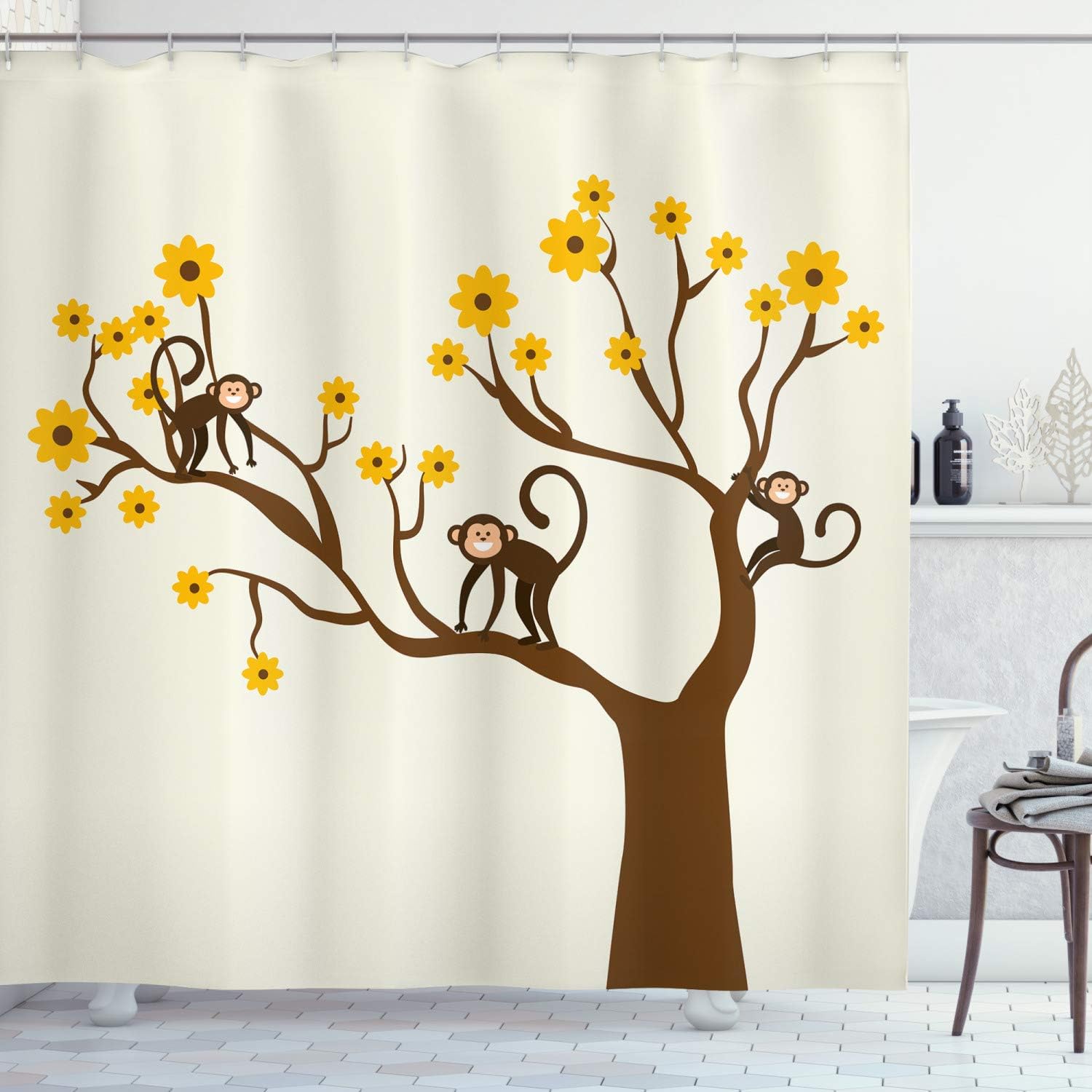 Fun Monkey Animations Shower Curtain With Chimpanzees Climbing On Daisy Trees Print For Bathroom Decor