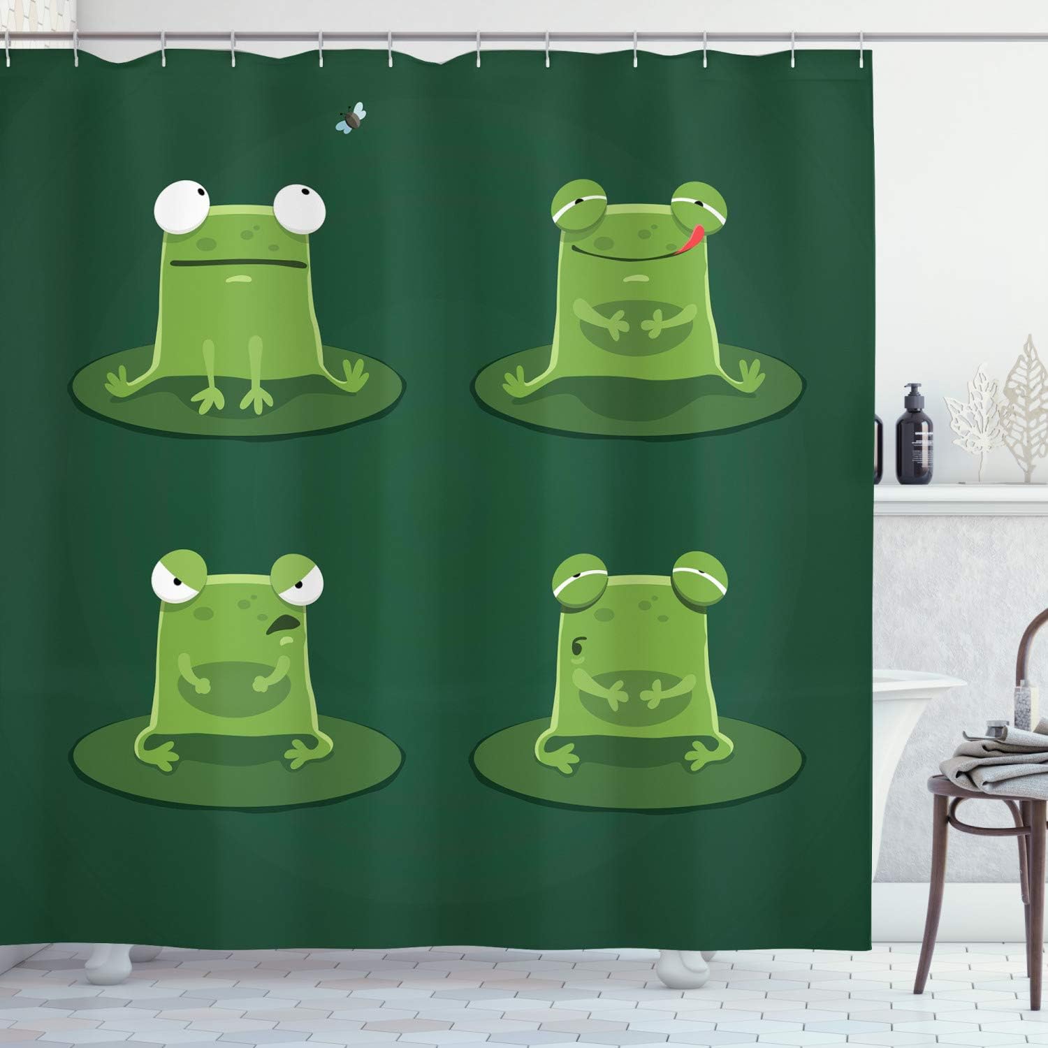 Funny Muzzy Frog Shower Curtain With Lily Pad In Pond Hunting Tasty Fly Print For Bathroom Decor