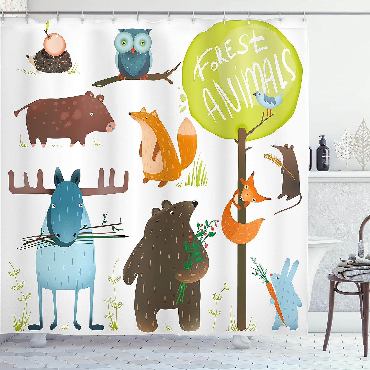 Cartoon Style Forest Animals Shower Curtain With Bear And Deer Print For Bathroom Decor