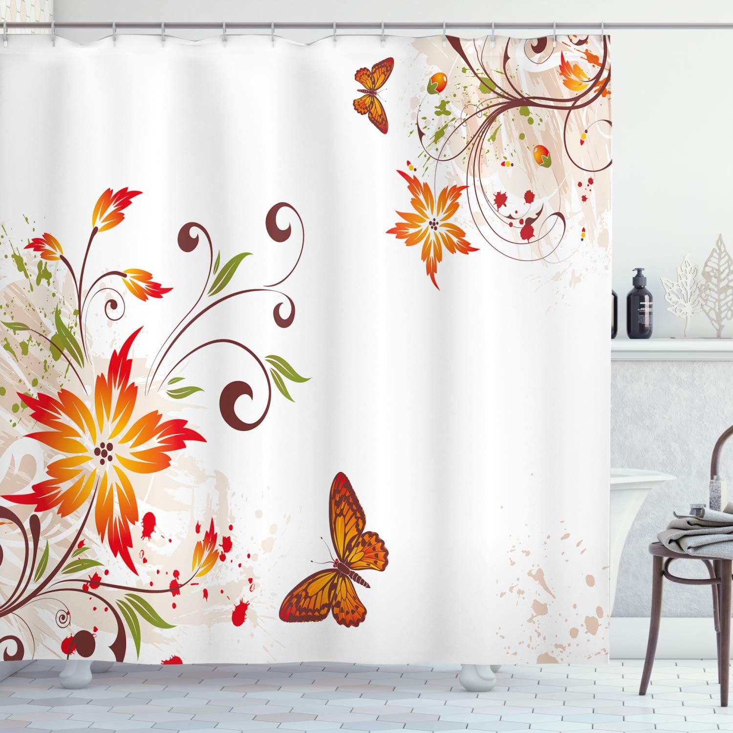 Swirled Floral Shower Curtain With Nature Motif In Orange Brown For Home Decor