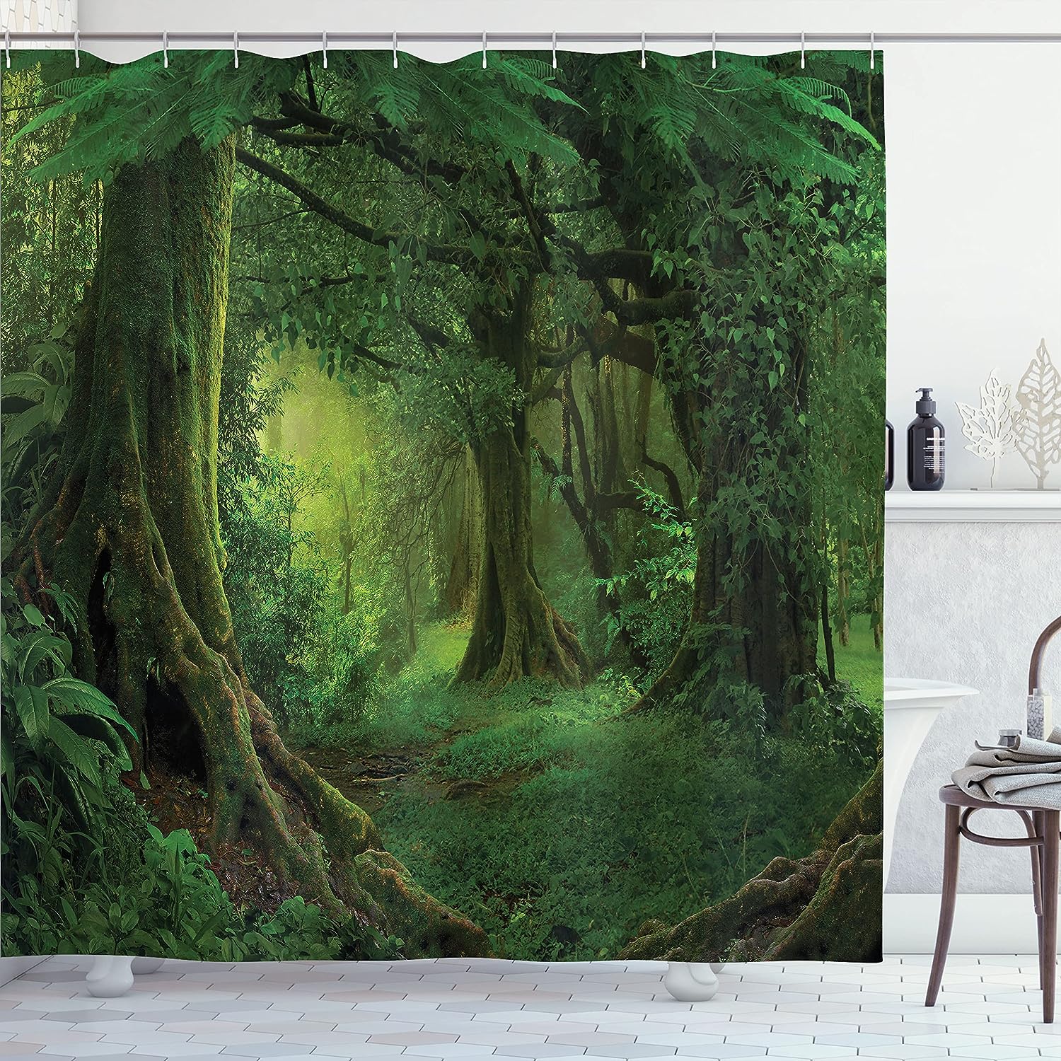 Enchanted Forest Shower Curtain With Deep Tropical Jungle Landscape Print For Bathroom Decor