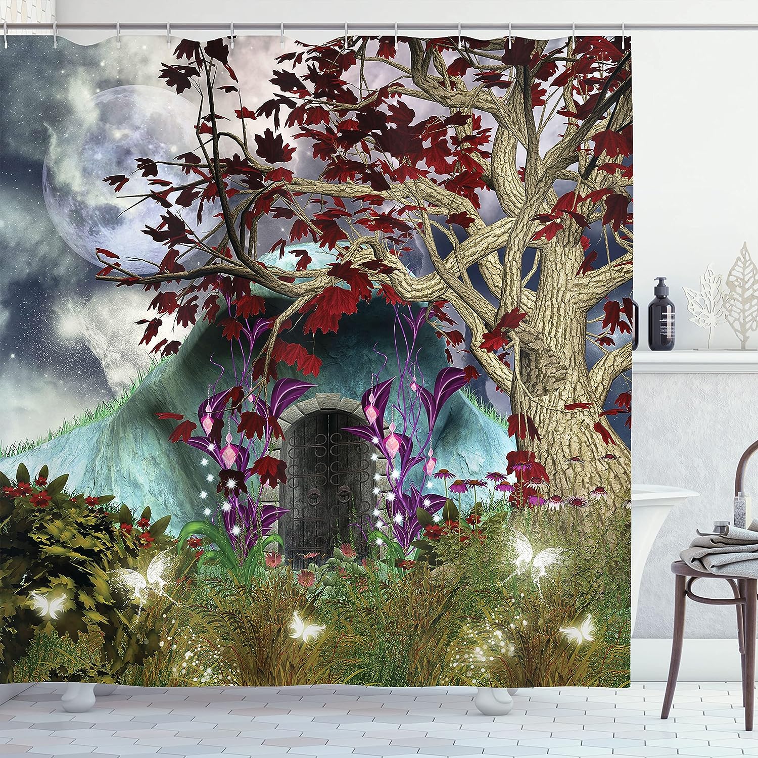 Gothic Forest Shower Curtain With Magic Tree And Secret Cave Moon Illustration For Bathroom Decor