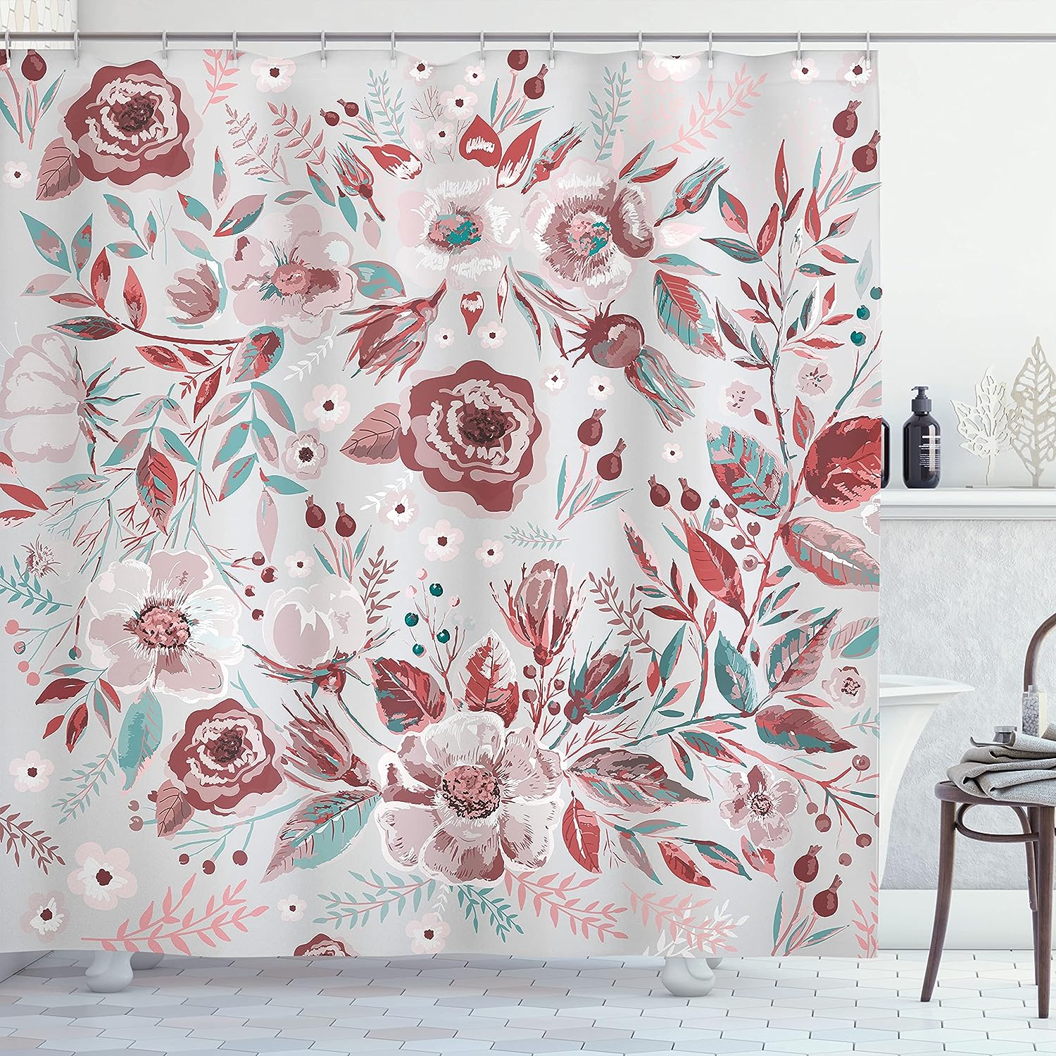 Spring Season Shower Curtain With Shabby Flowers In Seafoam Mauve For Home Decor