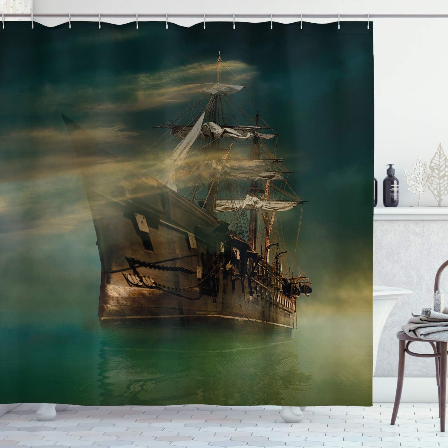 Phantasmagoric Old Ship Sailing Cloth Fabric Shower Curtain, Calm Semisty Weather Marine Theme, Bathroom Decor