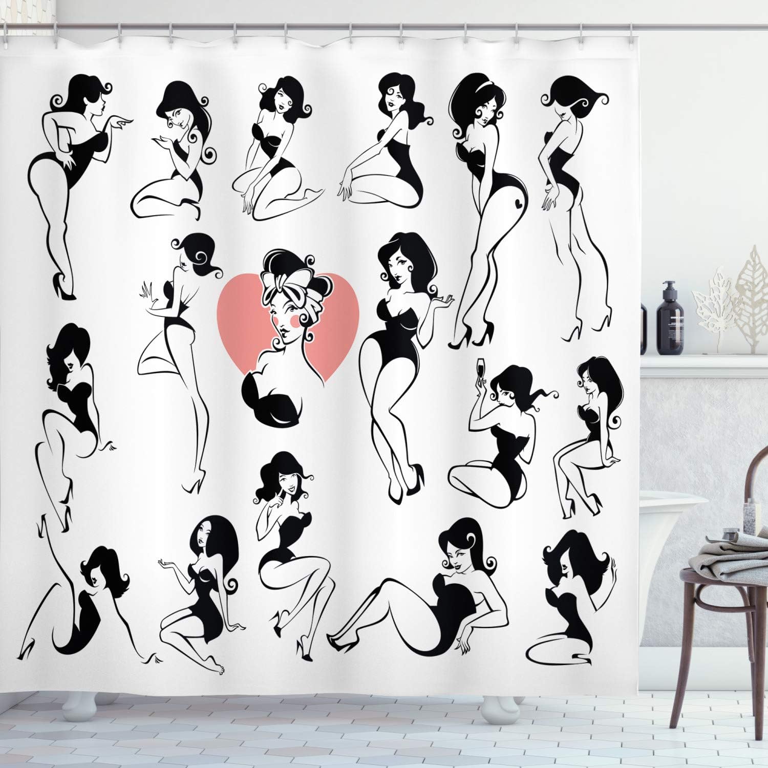 Famous Model Heart Tattoo Cloth Fabric Shower Curtain, Full Body Features, Fashionable Bathroom Decor