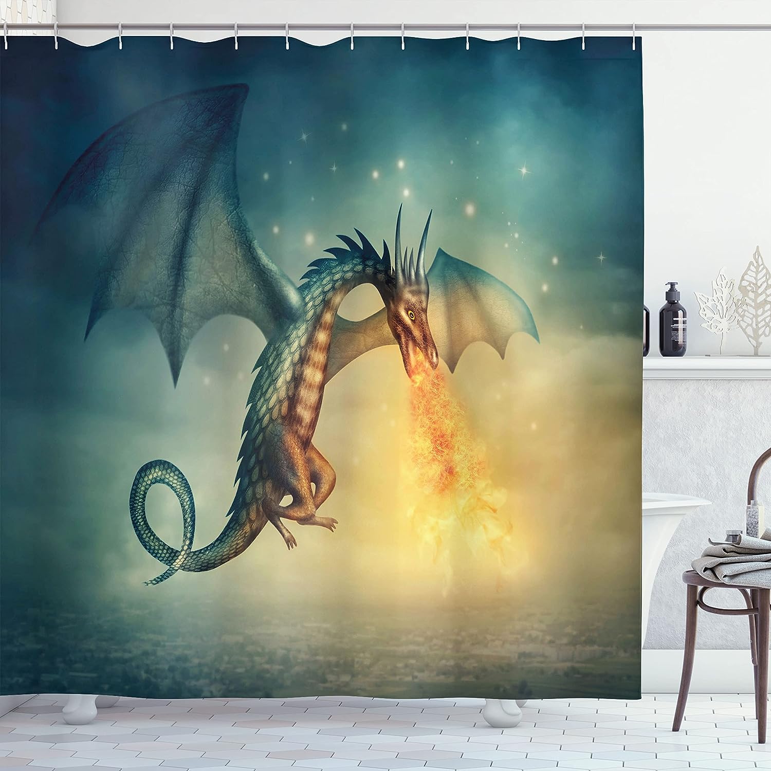 Dragon In The Sky Shower Curtain, Surreal Creature Design For Home Bathroom Decor
