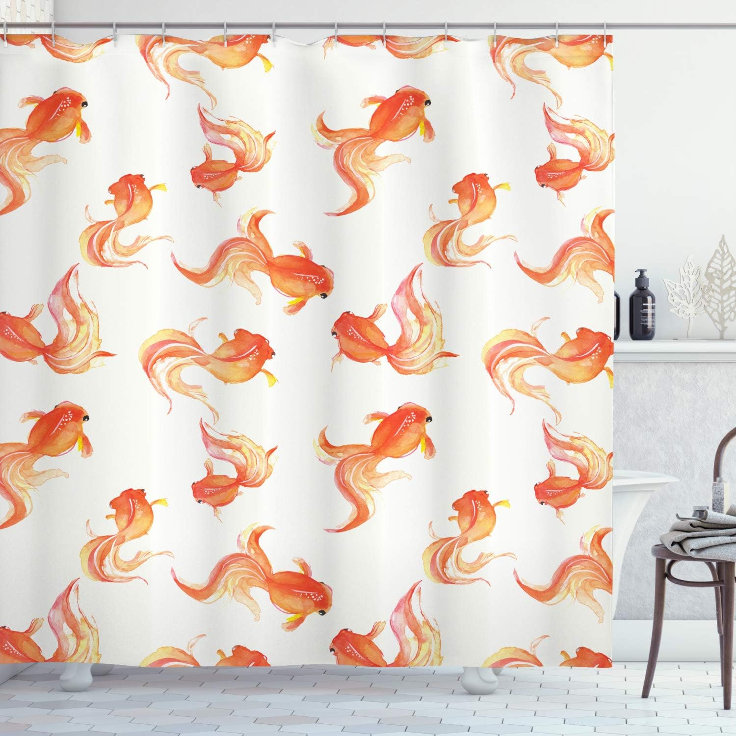 Goldfish Sea Animals Cloth Fabric Shower Curtain, Bubble Eye Pattern Illustration, Bathroom Decor