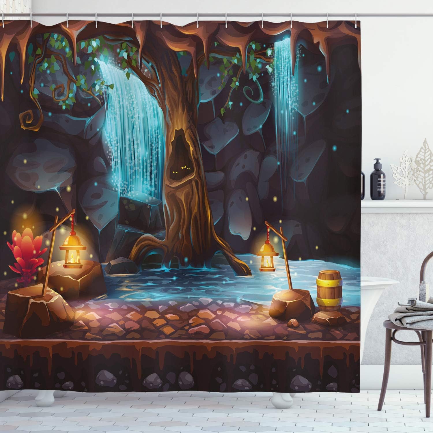 Enchanted Forest Cave Waterfall Cloth Fabric Shower Curtain, Magic Tree Cask Colorful Elf Image, Bathroom Decor