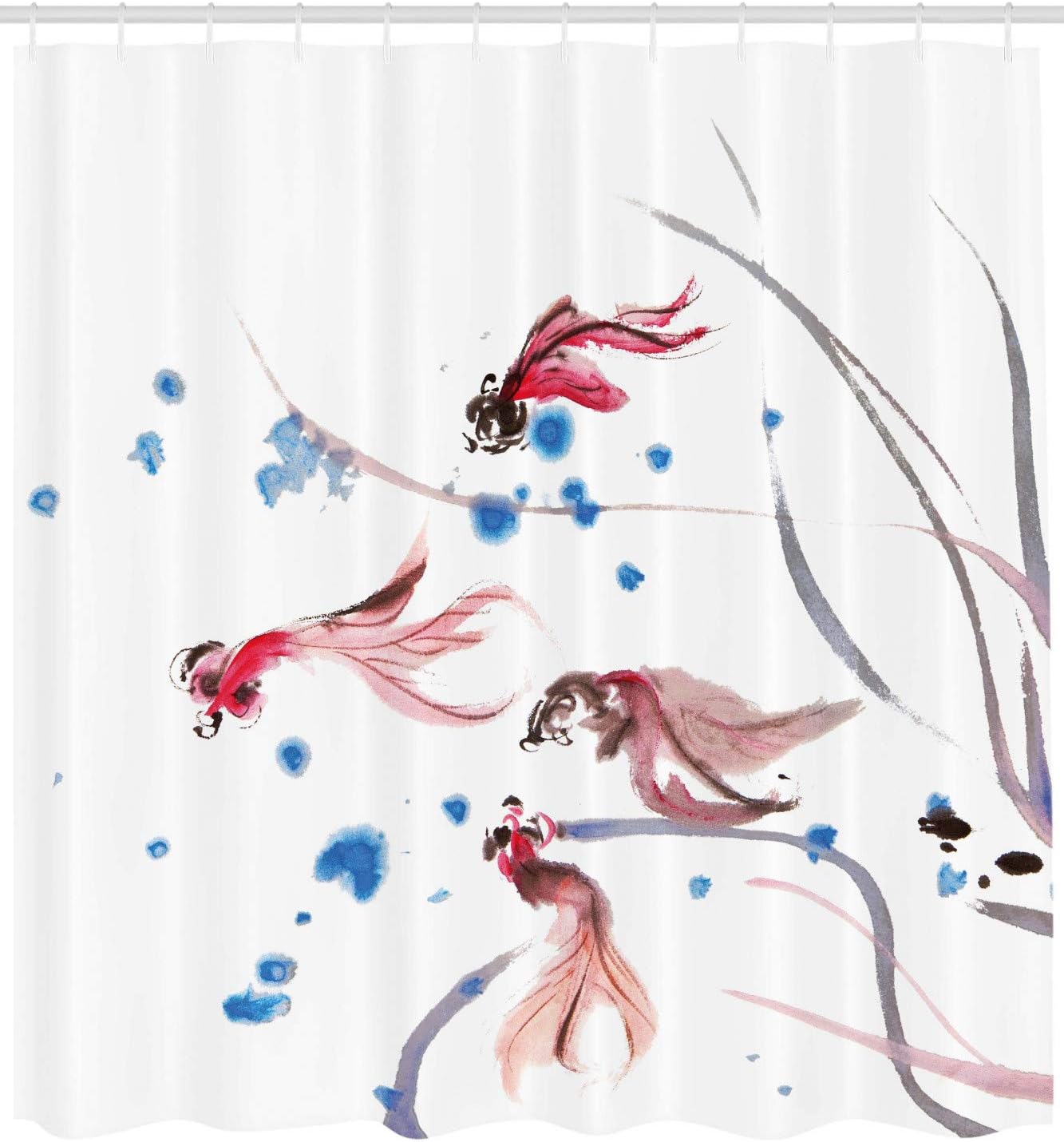 Chinese Ink Painting Cloth Fabric Shower Curtain, Stylized Koi Fish Figures Asian Ethnic Artwork, Bathroom Decor