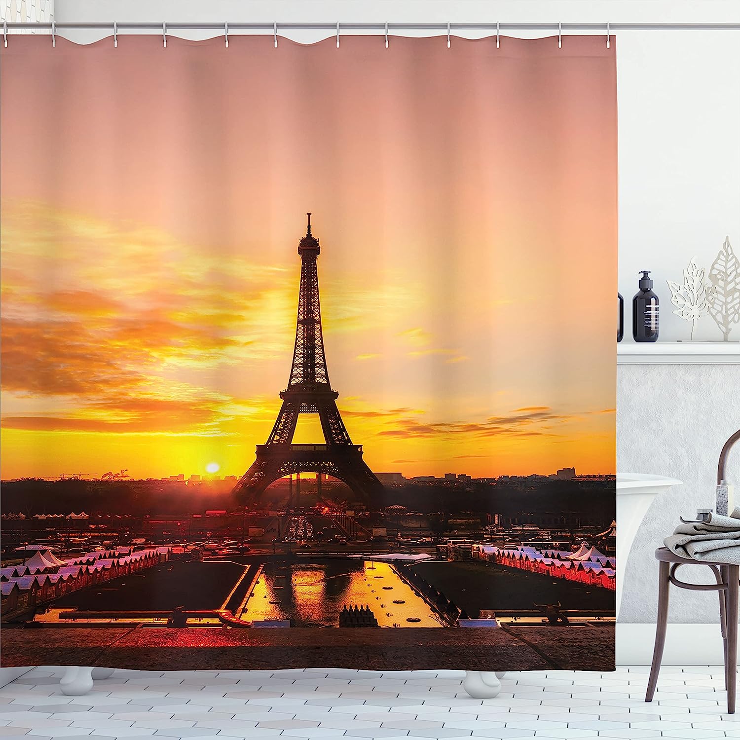 Sunrise Eiffel Tower Monument Cloth Fabric Shower Curtain, Historical Paris Panoramic View, Bathroom Decor