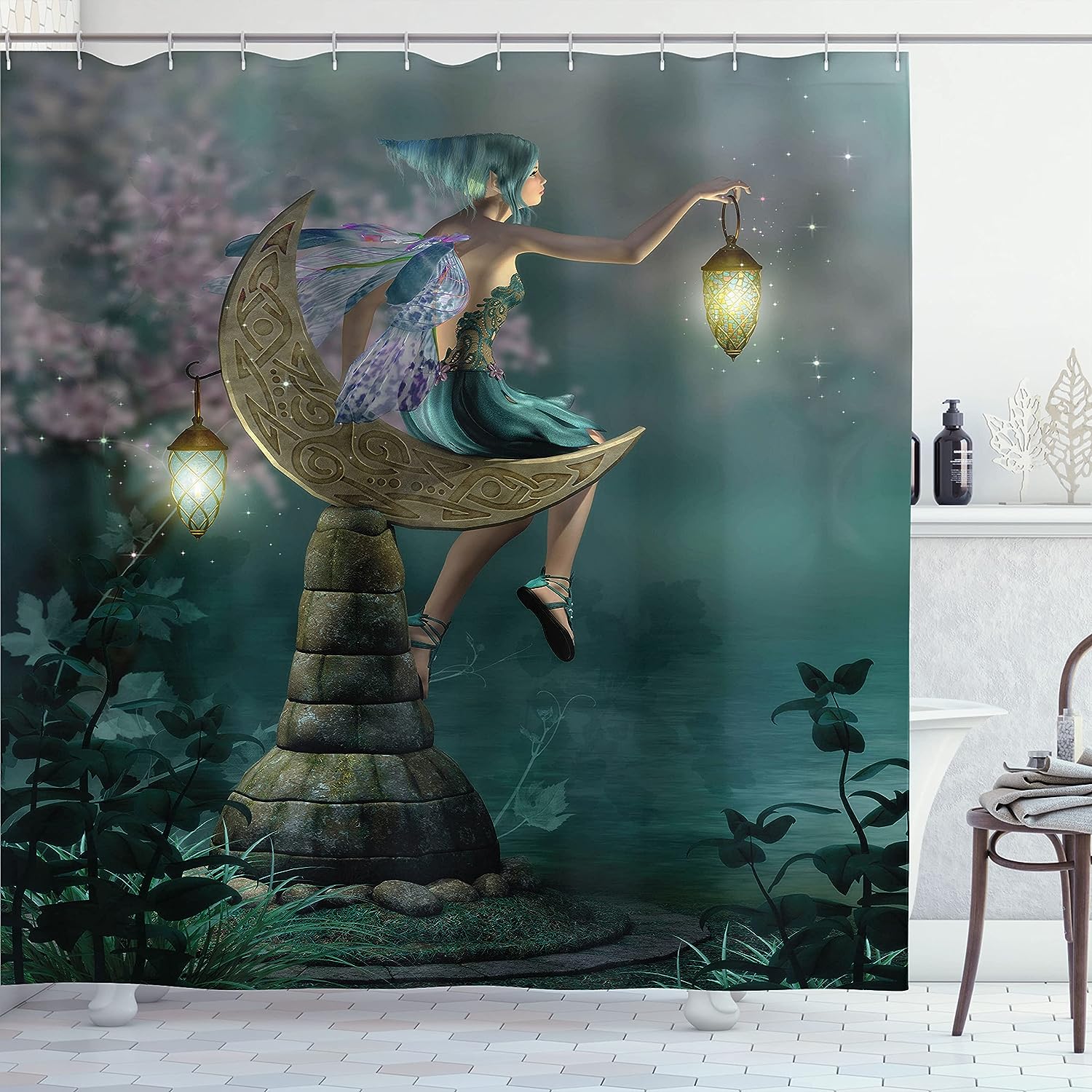 Pixie Elf Forest Woodland Cloth Fabric Shower Curtain, Sitting Moon Stone Myth Illustration Art, Bathroom Decor