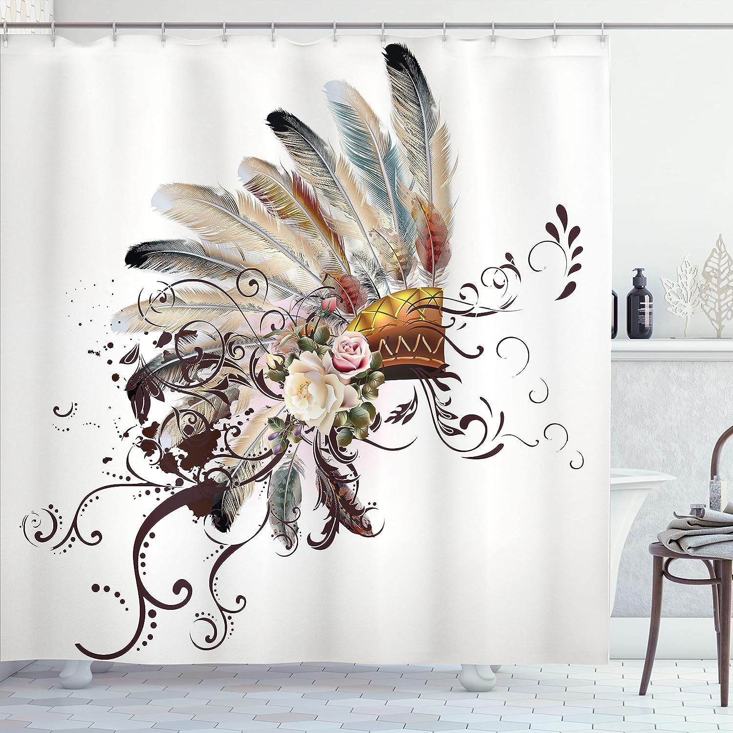 Floral Arrangements Cloth Fabric Shower Curtain, Headwear Flowers Swirls Shapes, Bathroom Decor