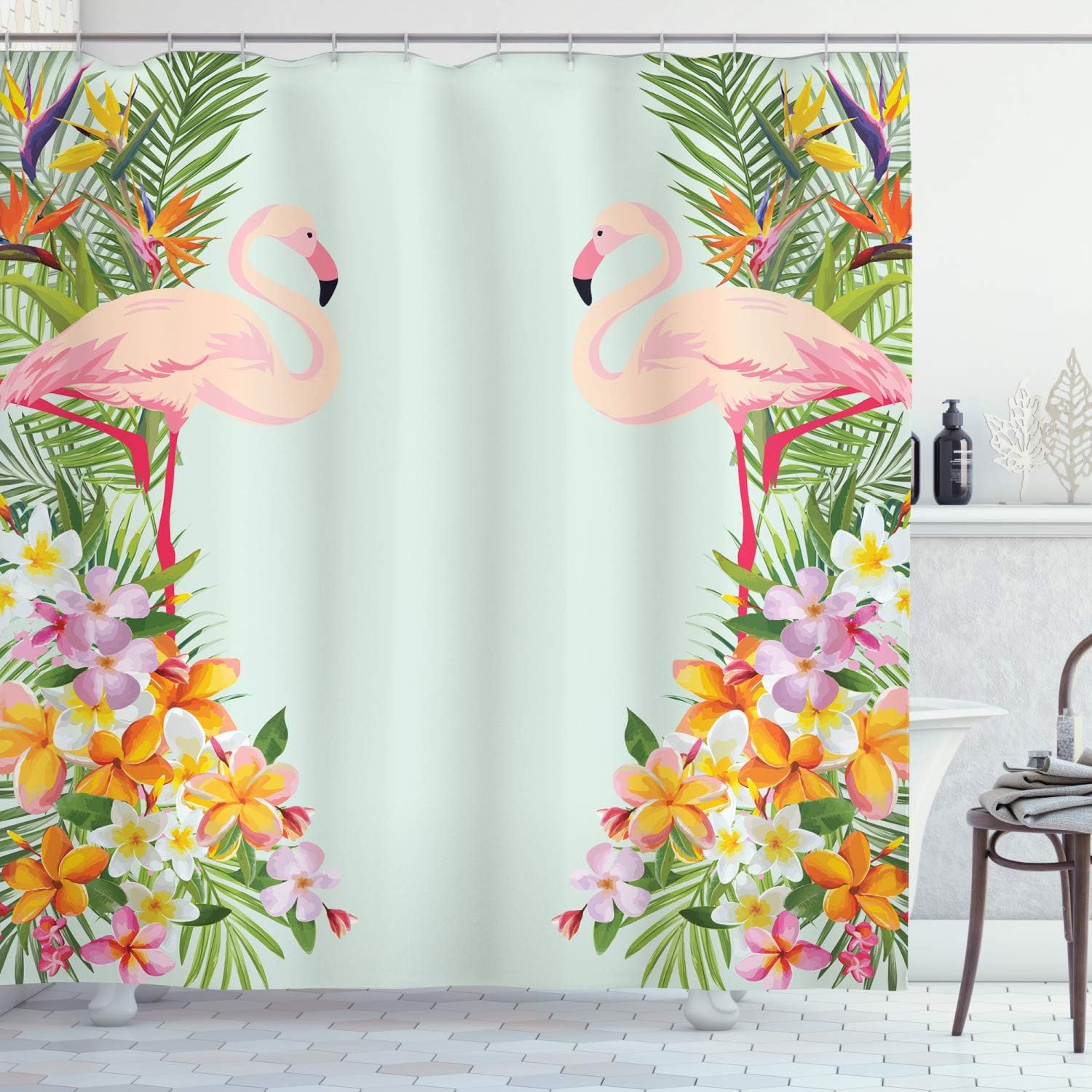 Flamingo Birds Tropical Flowers Cloth Fabric Shower Curtain, Exotic Hawaiian Wildlife Animals Print, Bathroom Decor