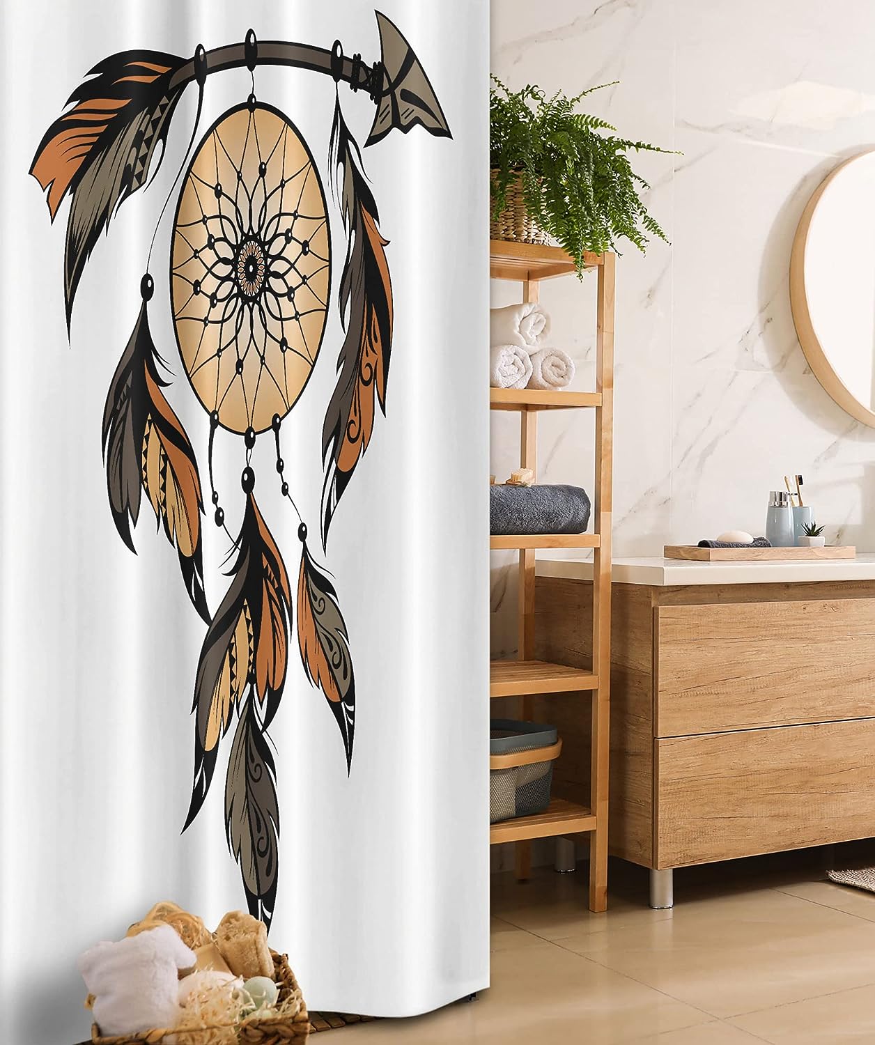 Dreamcatcher Feathers Cloth Fabric Stall Shower Curtain, Bohemian Bathroom Decor