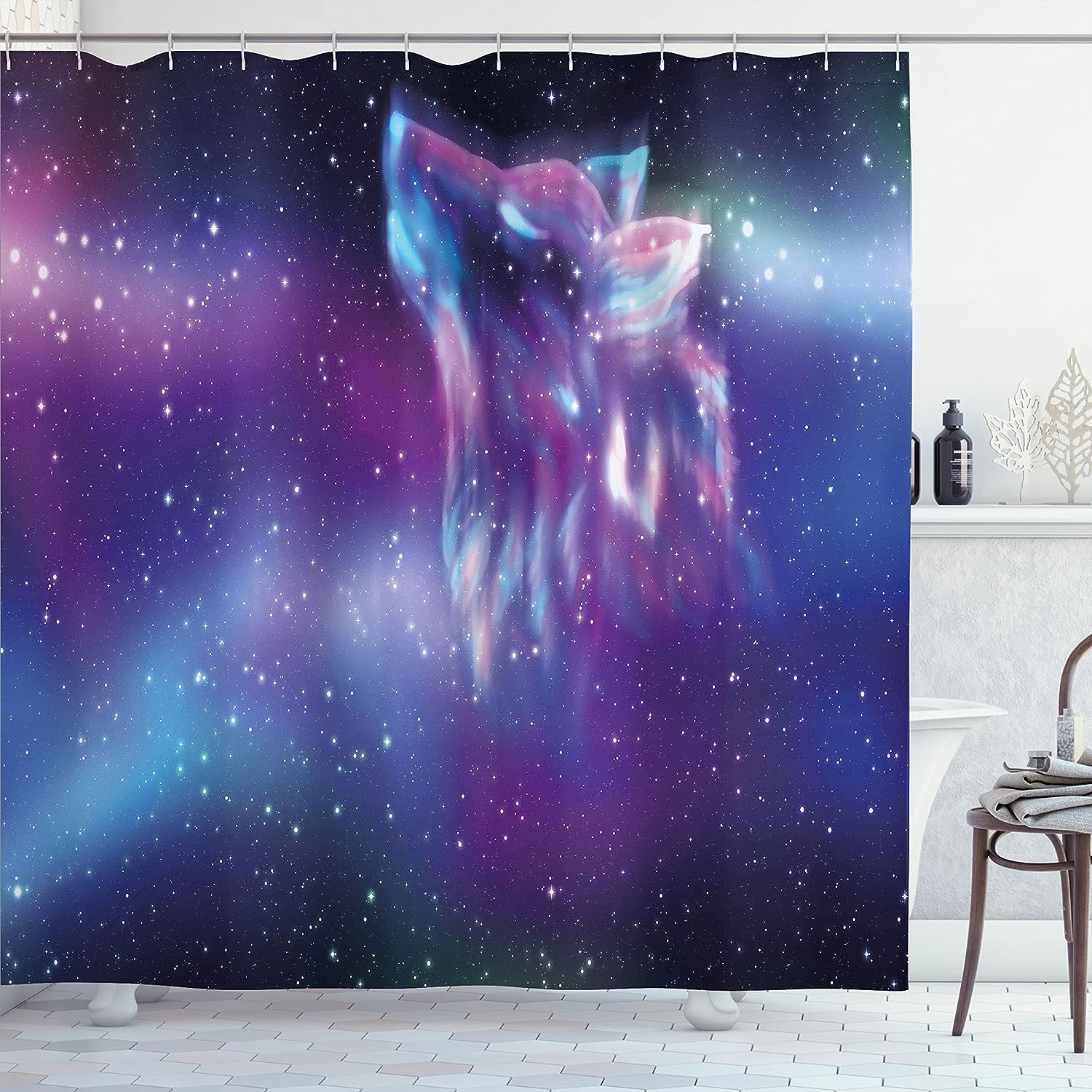 Psychedelic Wolf Aurora Borealis Cloth Fabric Shower Curtain, Northern Starry Sky Display, Bathroom Decor