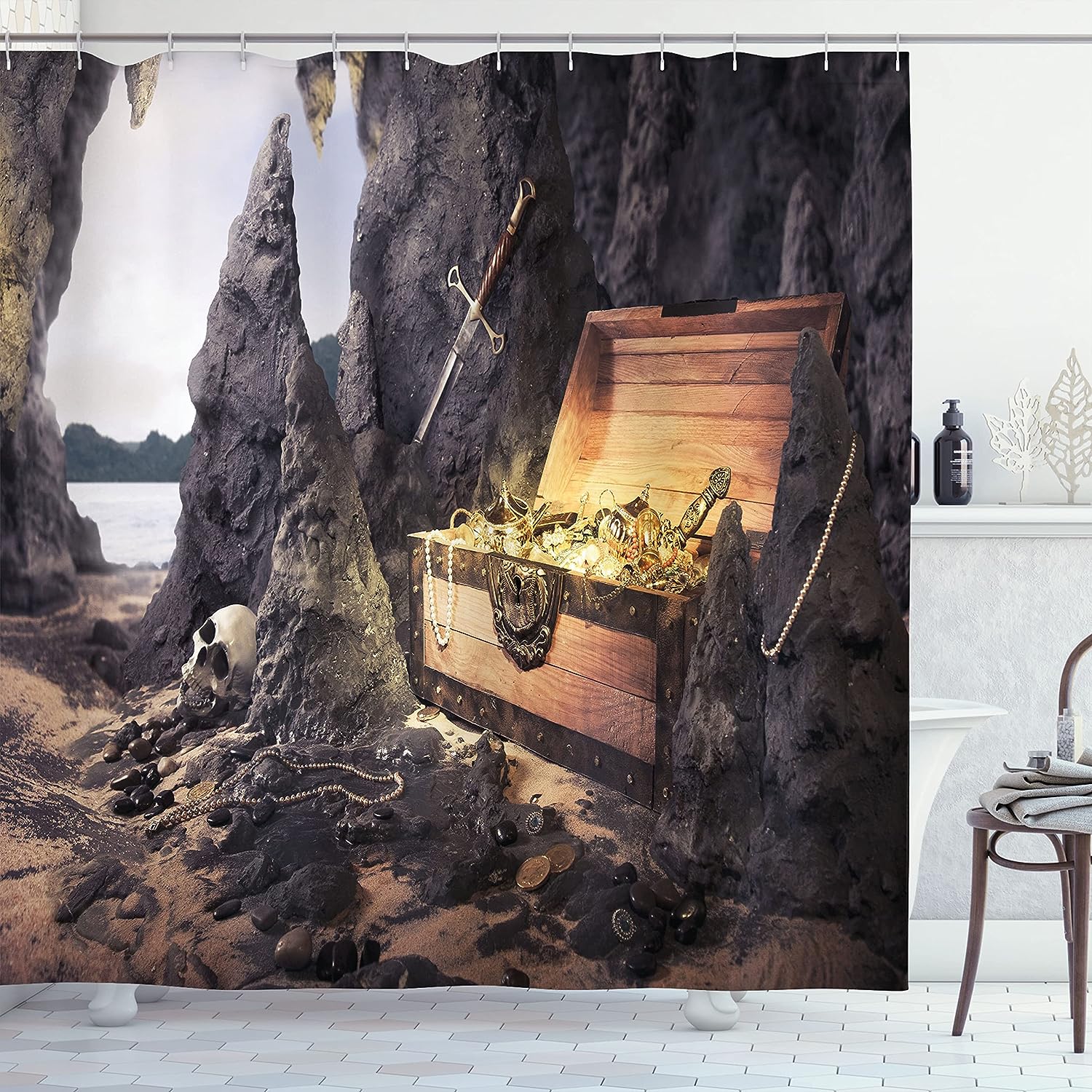 Phantasmagoric Ship Shower Curtain, Marine Theme With Calm Sea And Misty Weather For Home Bathroom Decor