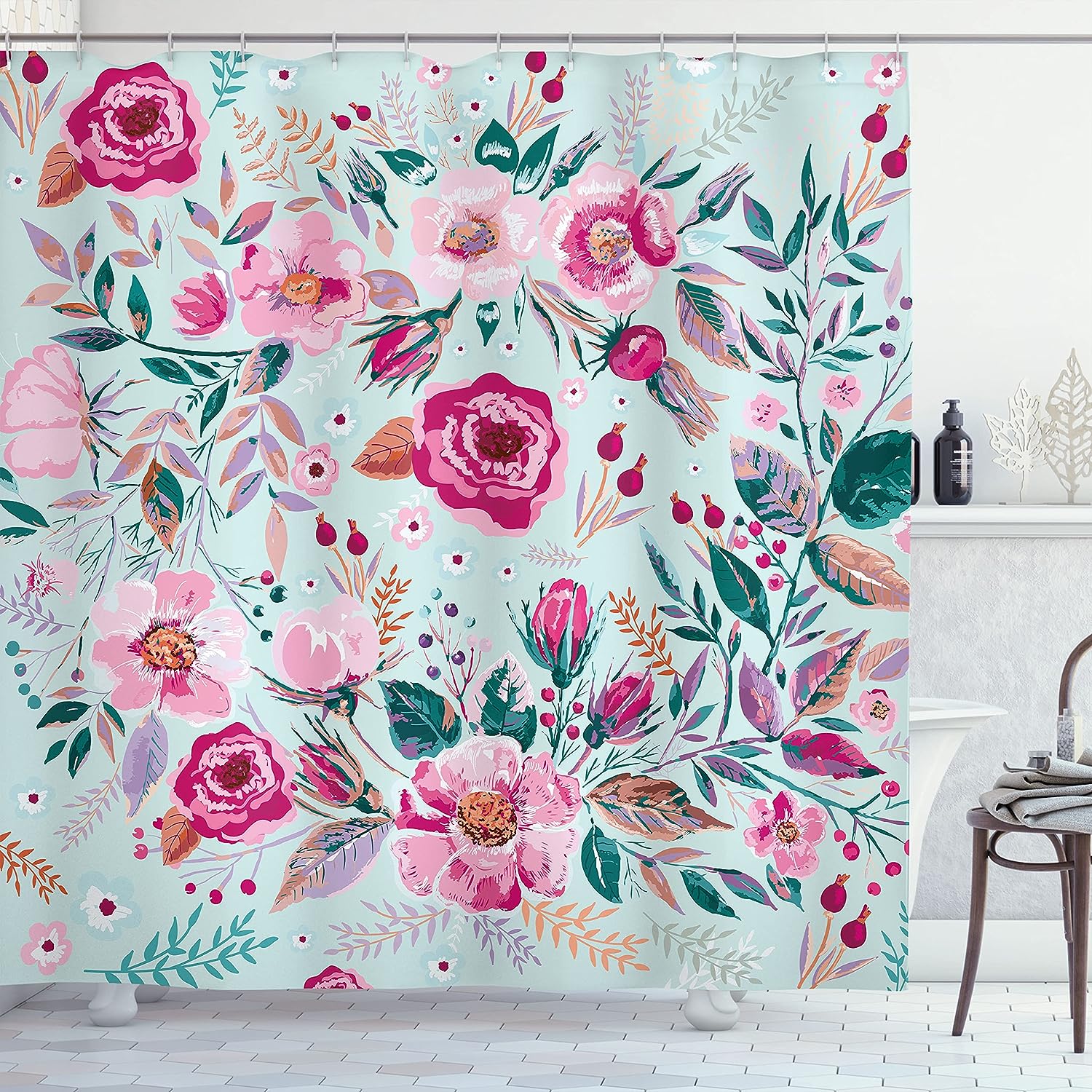 Shabby Floral Shower Curtain With Spring Flowers In Mint Pink For Bathroom Decor