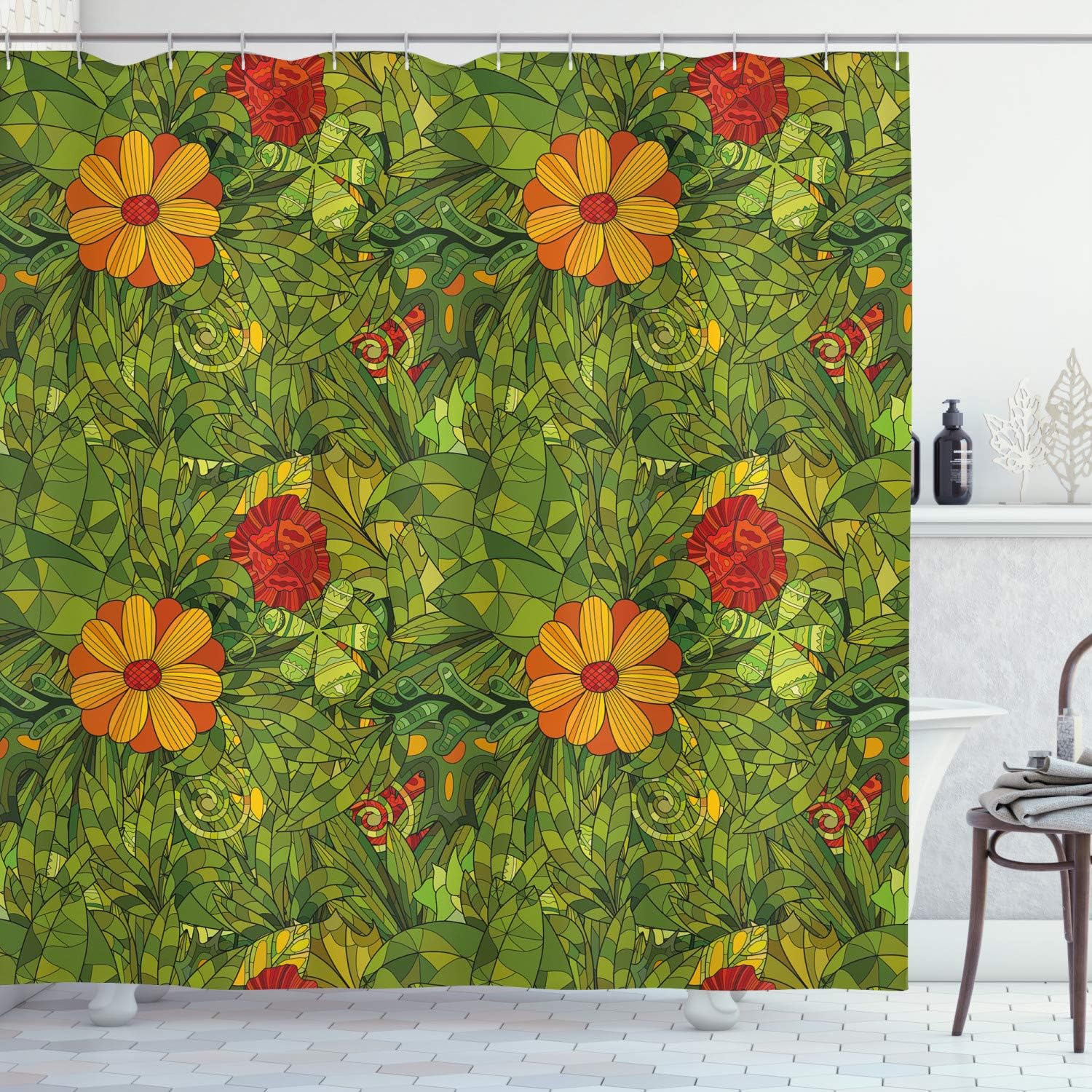 Funky Fractal Retro Jungle Cloth Fabric Shower Curtain, Flower Foliage Bush Design, Home Decor