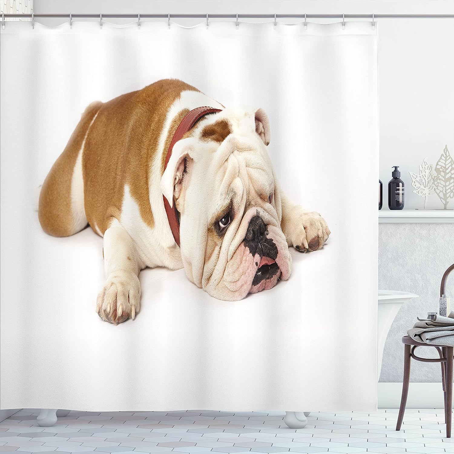 Sad Bulldog Cloth Fabric Shower Curtain, Tired European Pure Breed Animal Photography, Bathroom Decor