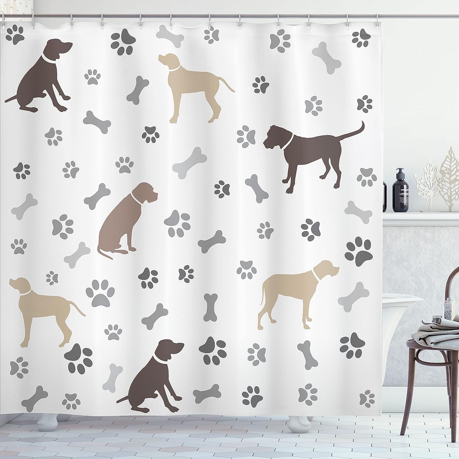Paw Print Bones And Dog Silhouettes Shower Curtain, Cloth Bathroom Decor