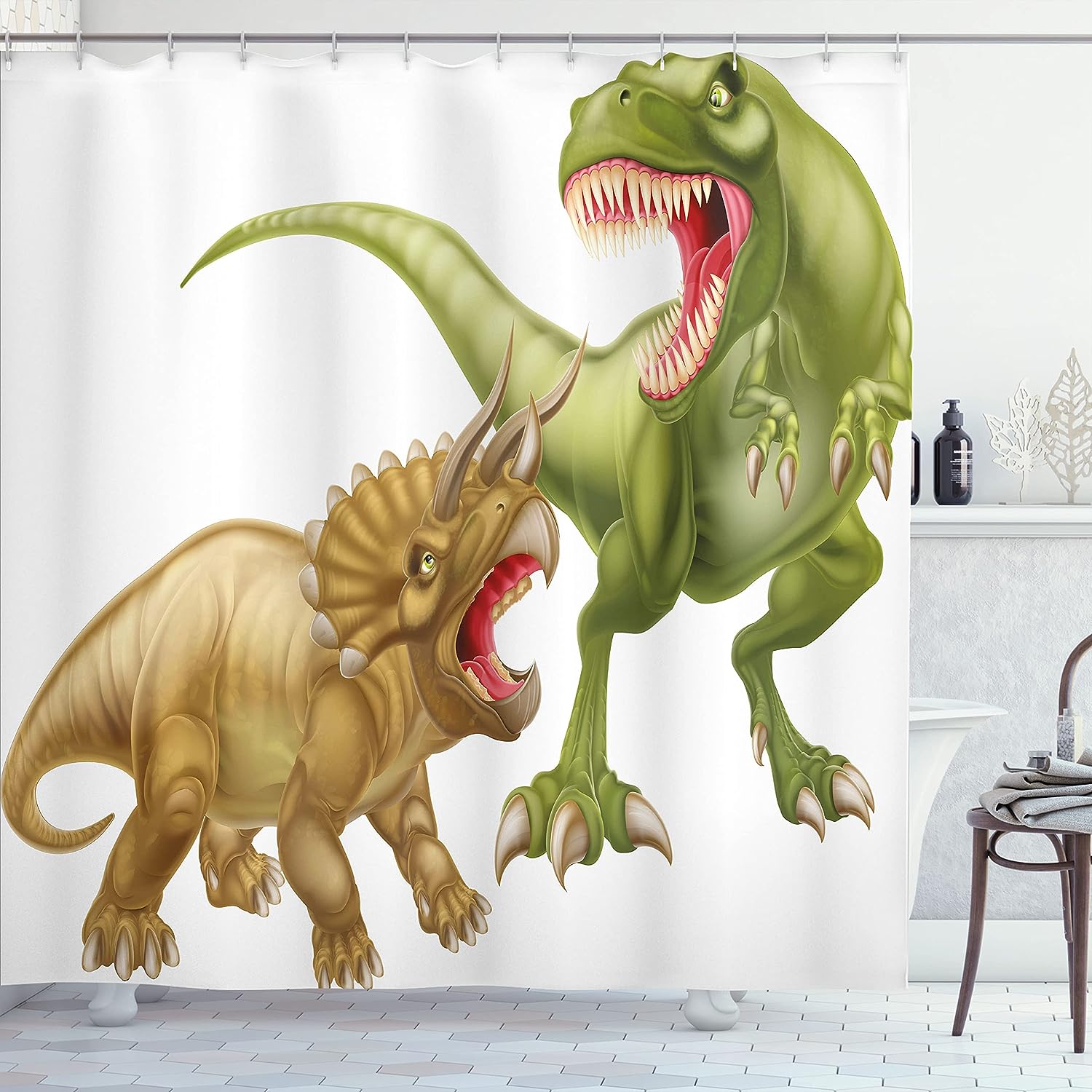 T Rex And Triceratops Dinosaur Shower Curtain, Cloth Bathroom Decor