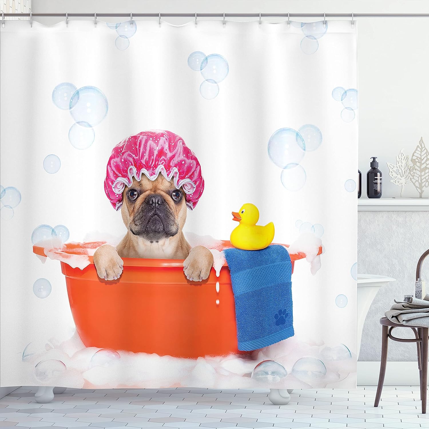 French Bulldog Rubber Duck Bath Theme Shower Curtain, Cloth Bathroom Decor