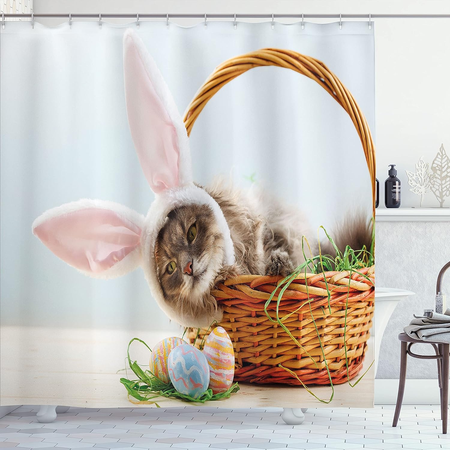 Easter Bunny Basket Cloth Fabric Shower Curtain, Fluffy Cat With Pink Rabbit Ears With Dyed Eggs, Bathroom Decor