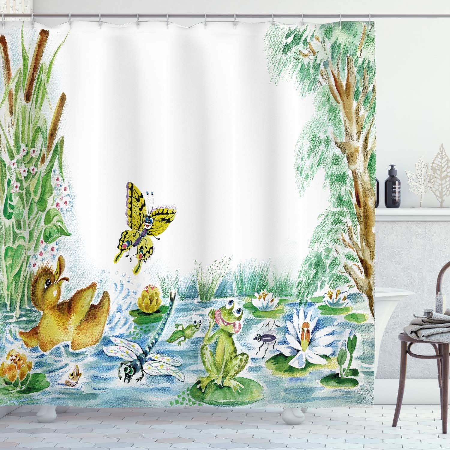 Butterfly Duckling And Frog Cloth Fabric Shower Curtain, Playing Together On Pond Flowers Trees Dragonfly, Bathroom Decor